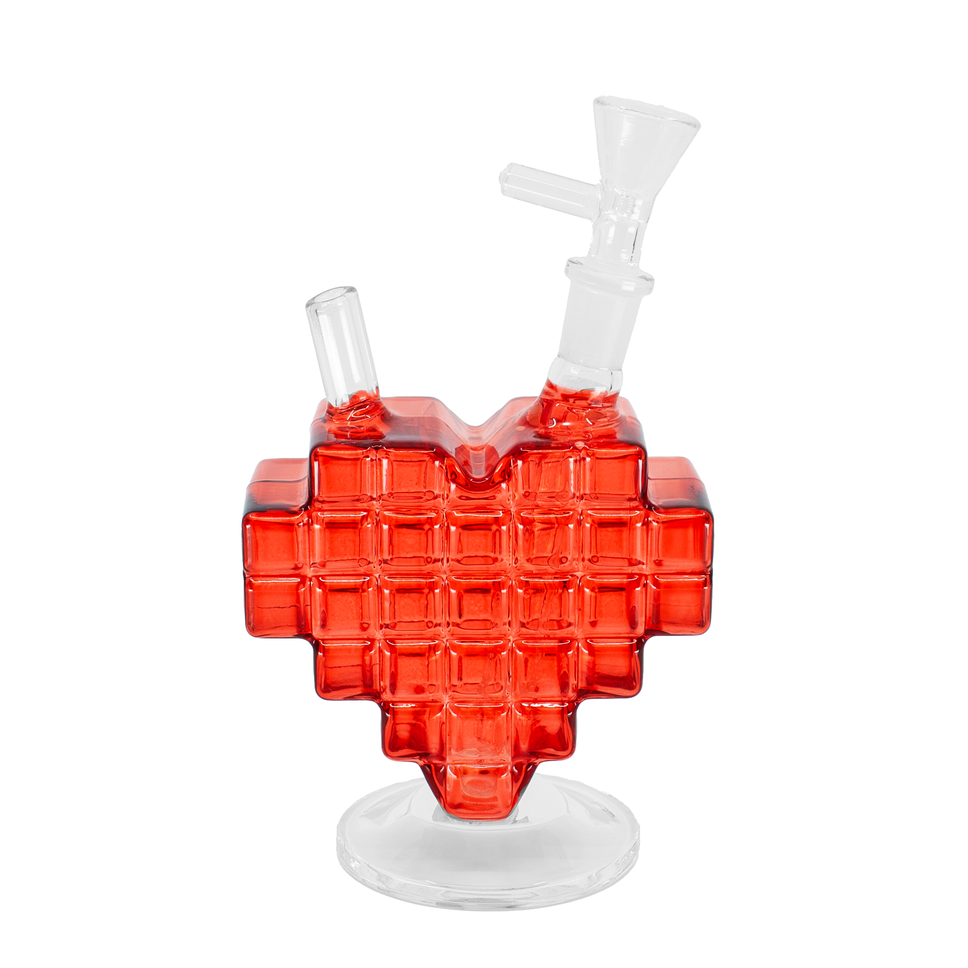 Pink pixelated heart-shaped glass bong with curved chamber and clear bowl