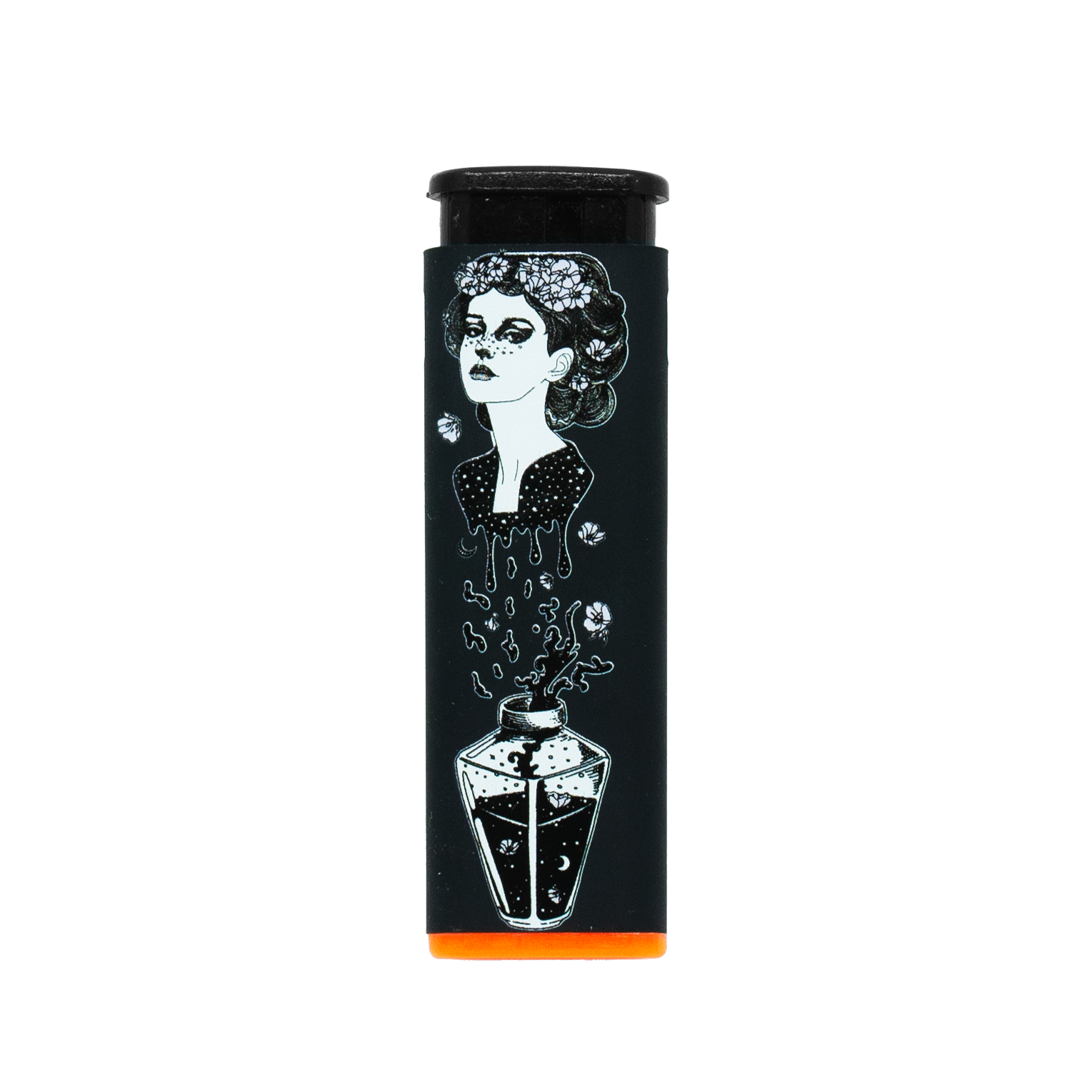 Black and white potion witch design torch lighter with orange accent