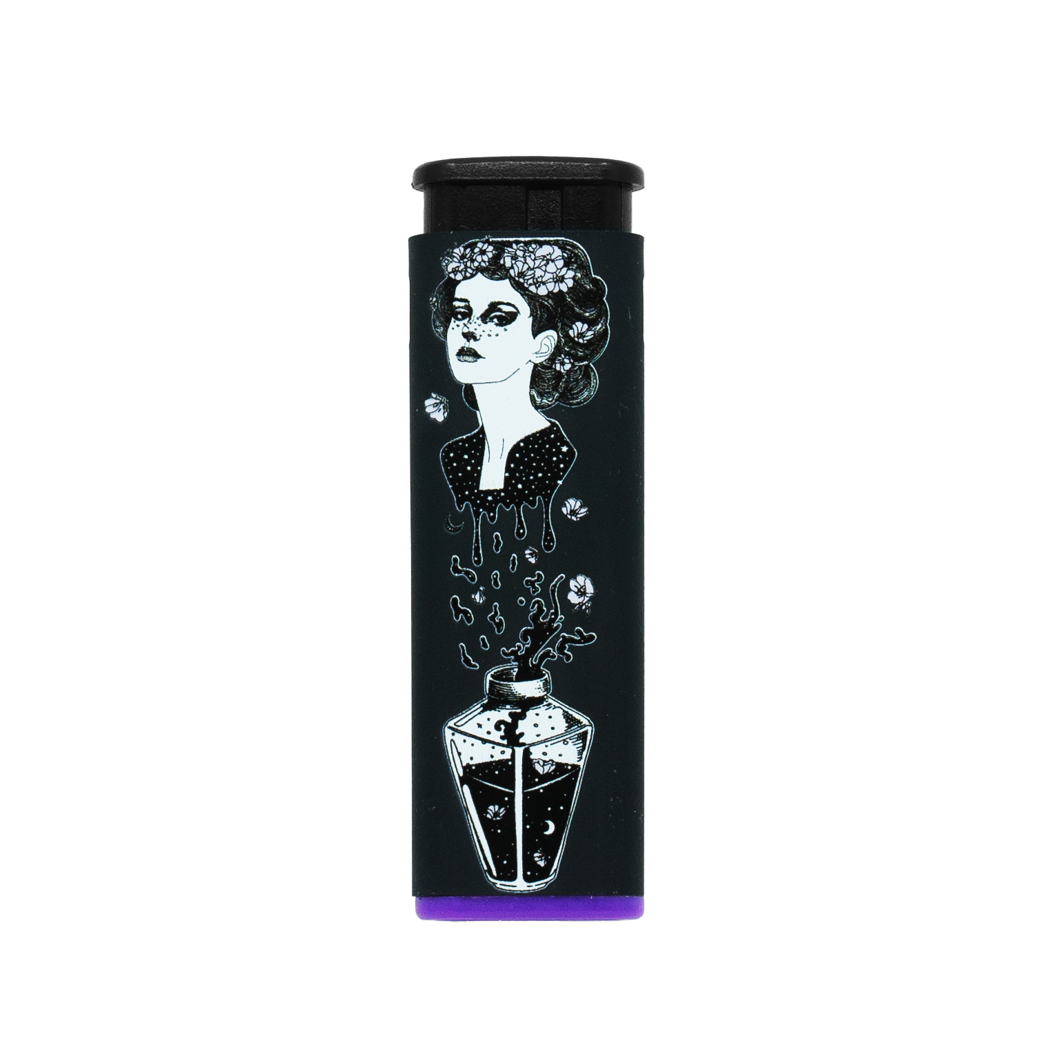 Black and white potion witch design torch lighter with purple accent