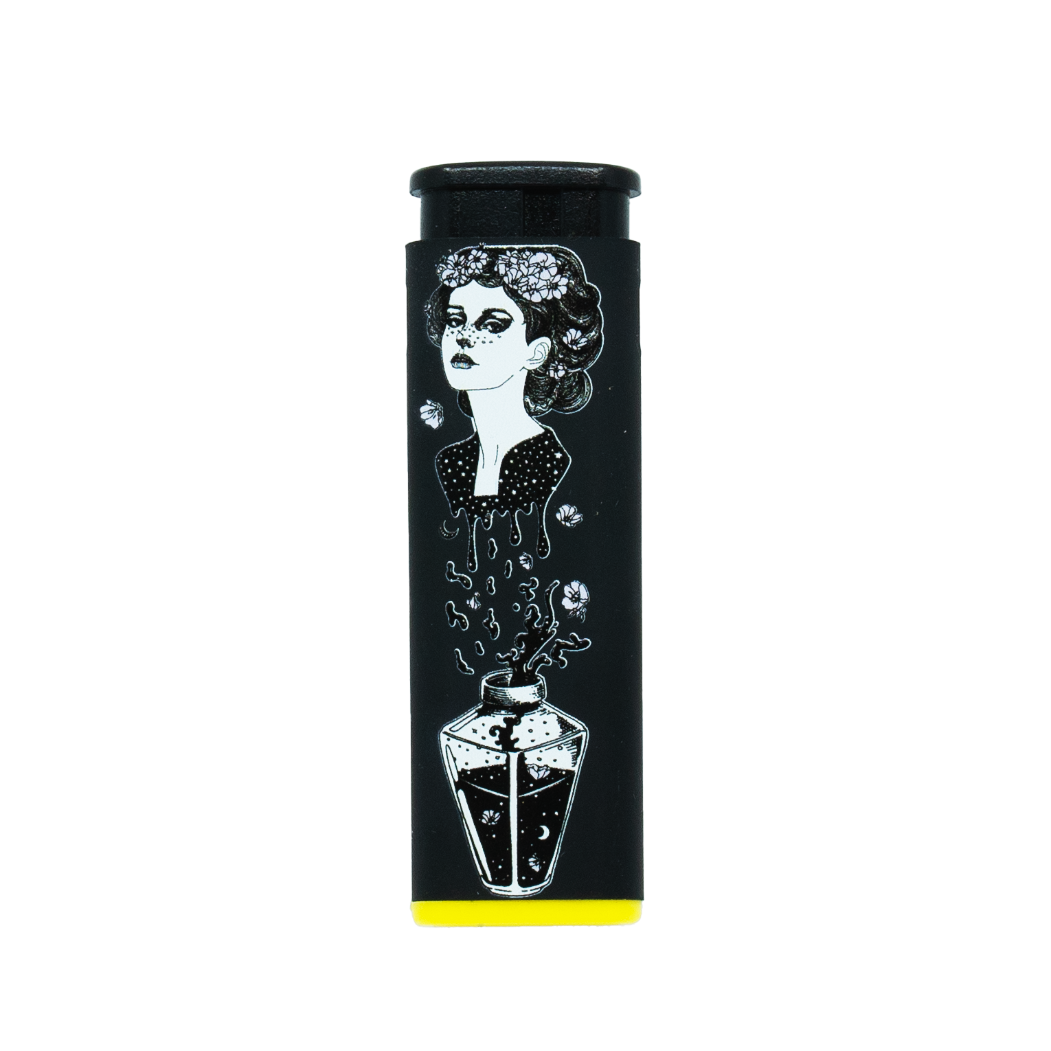 Black and white potion witch design torch lighter with yellow accent