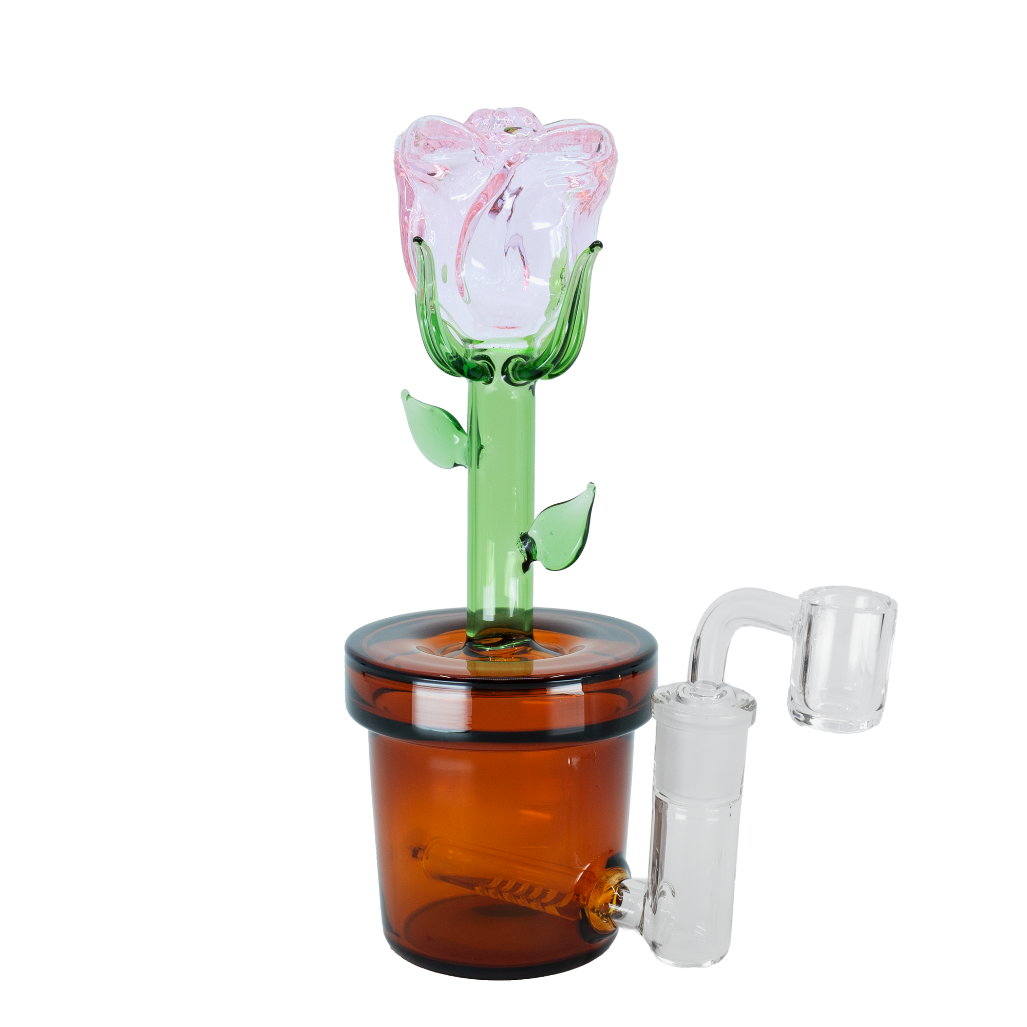 Glass rose dab rig with amber pot base and green stem, shaped like a potted flower.
