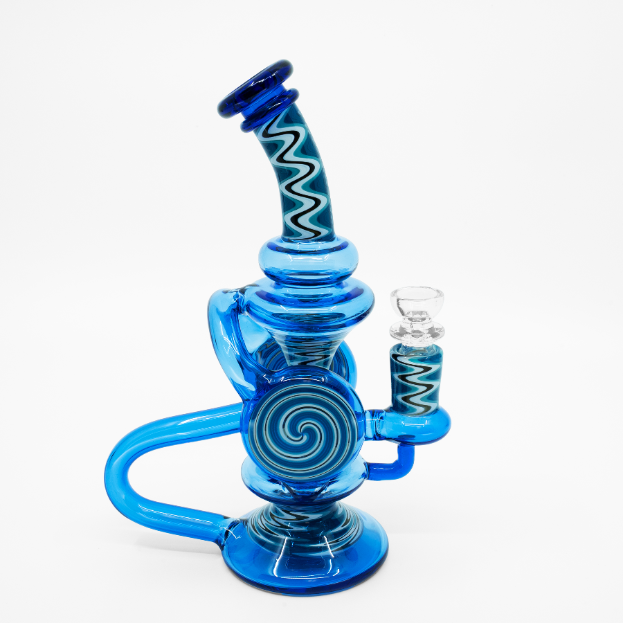 Blue psychedelic spiral bong with wavy swirl pattern and thick glass base