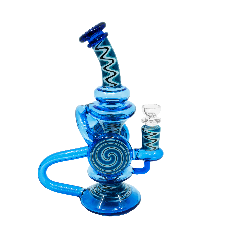 Blue psychedelic spiral bong with wavy swirl pattern and thick glass base