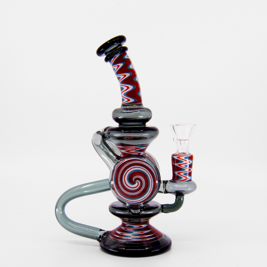 Red and black spiral glass bong with psychedelic swirls and curved neck design
