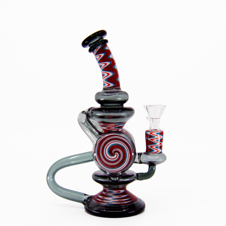 Red and black spiral glass bong with psychedelic swirls and curved neck design