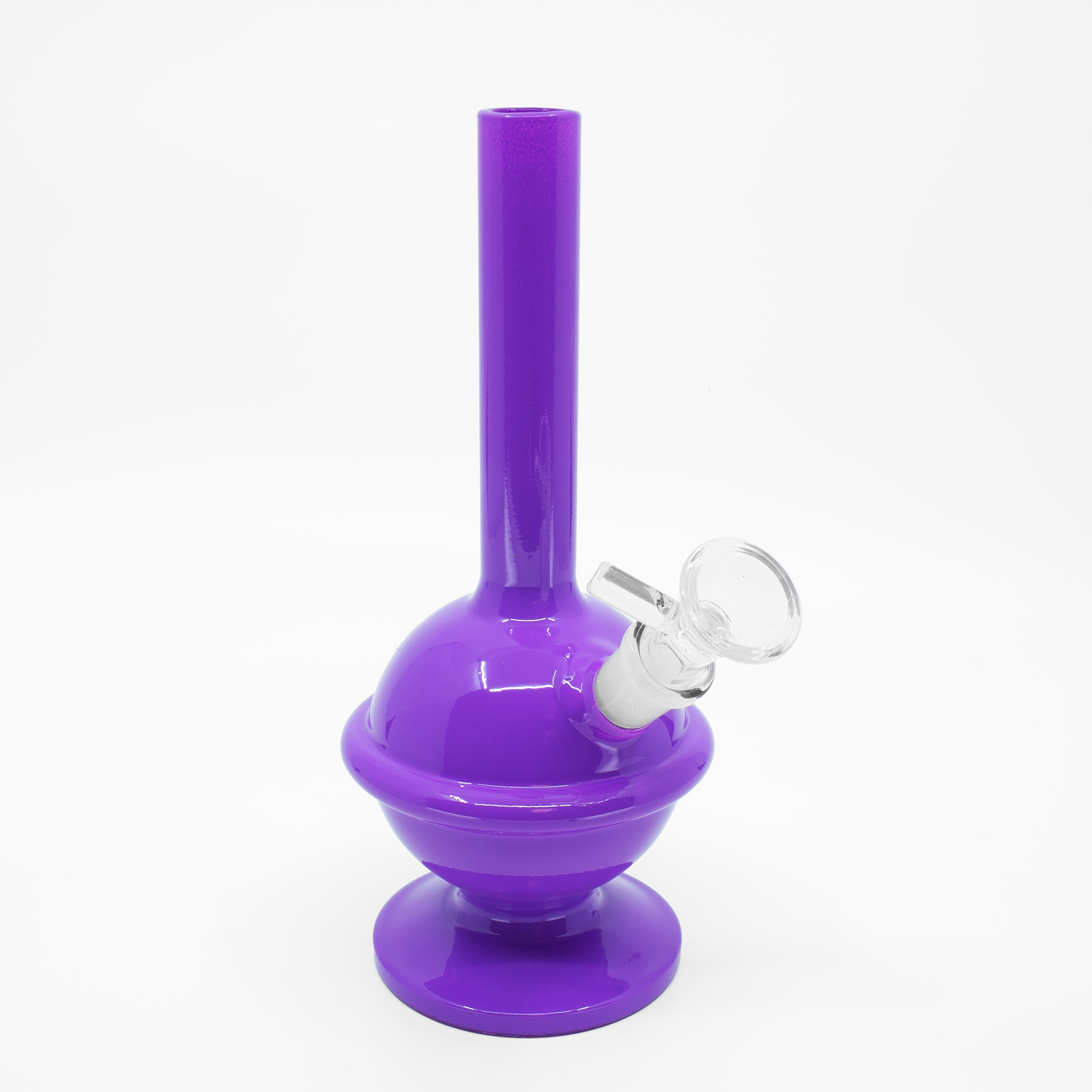 Purple orb-shaped bong with glossy finish and straight neck on white background
