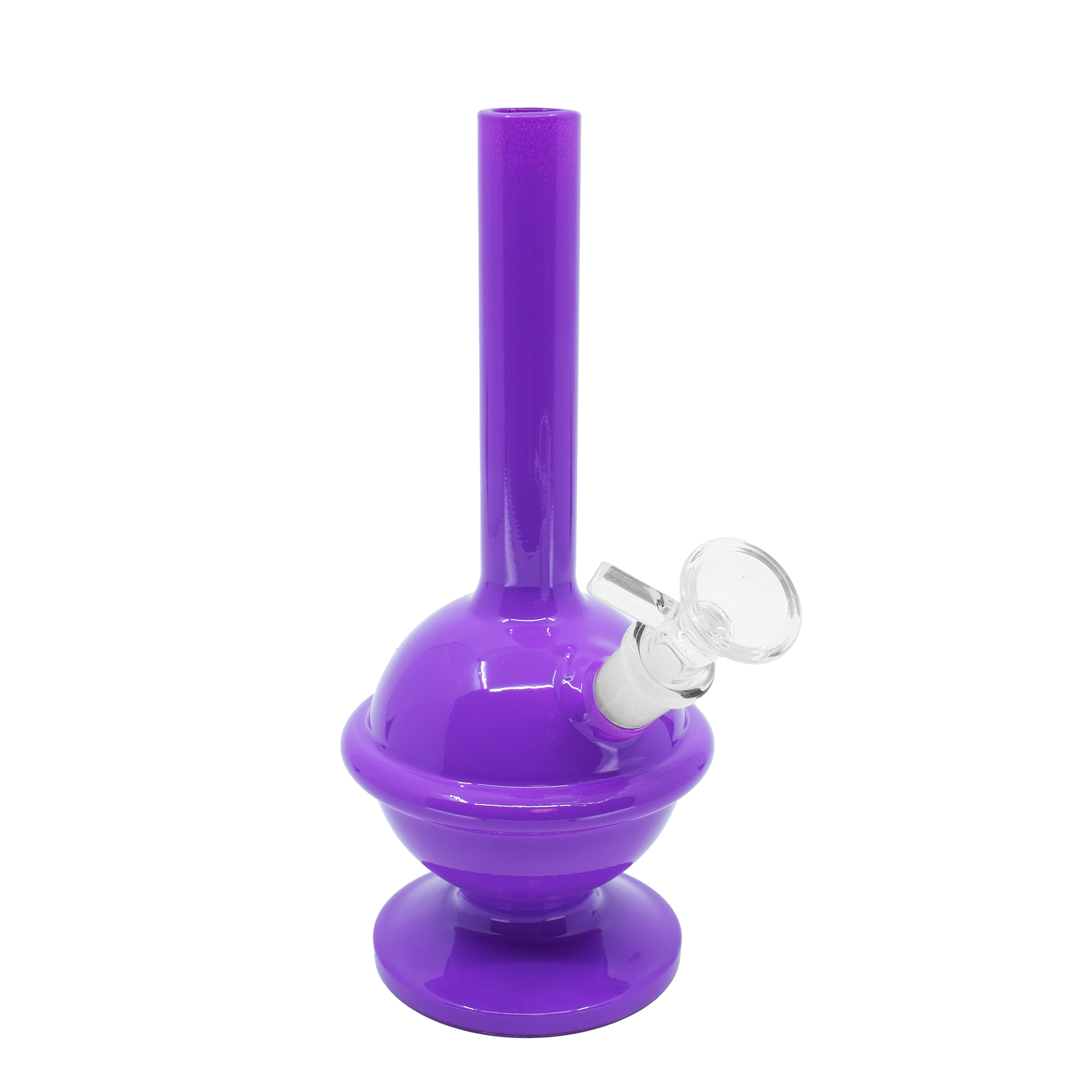 Purple orb-shaped bong with glossy finish and straight neck on white background