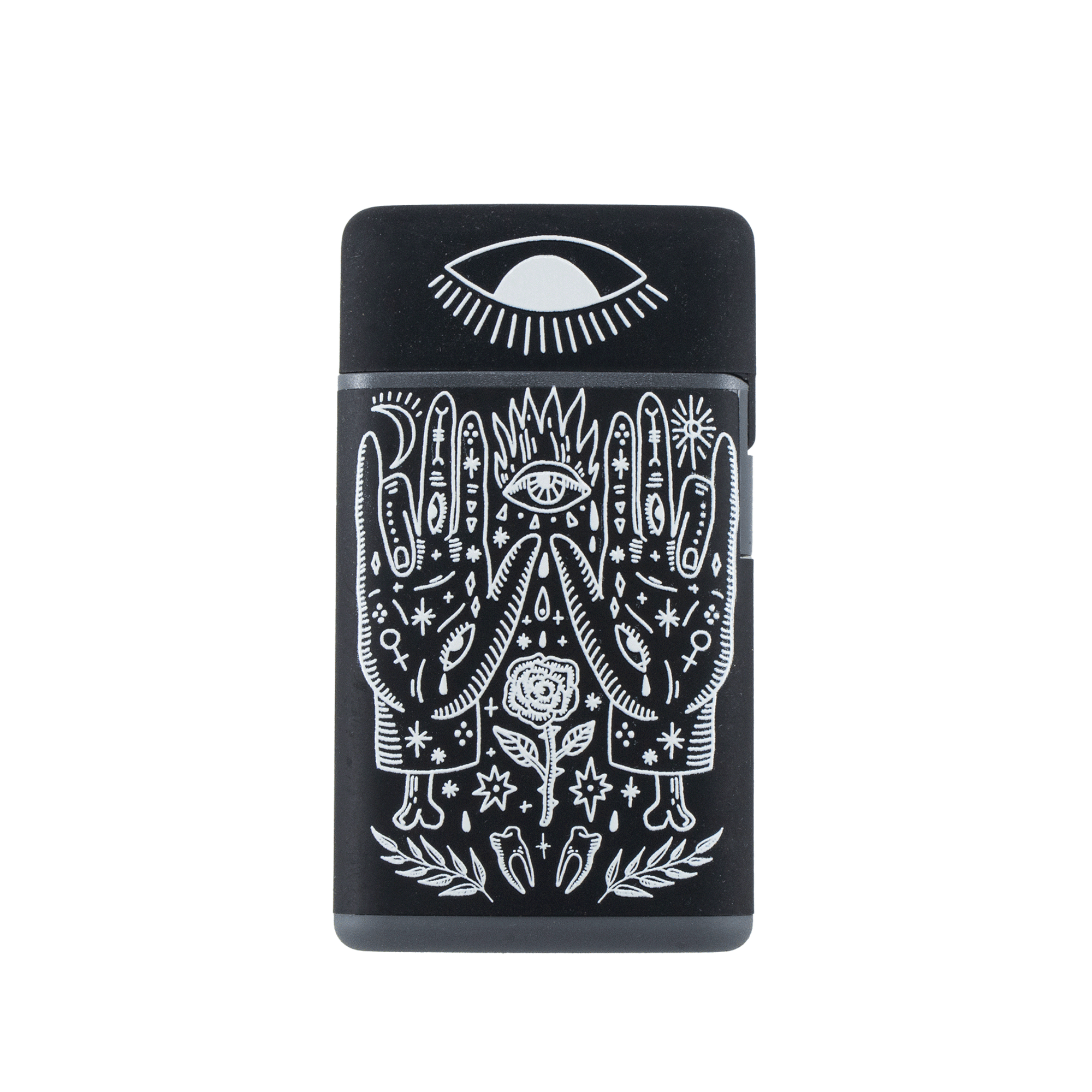 Black flip lighter with white mudra and third eye design — gothic weed lighter