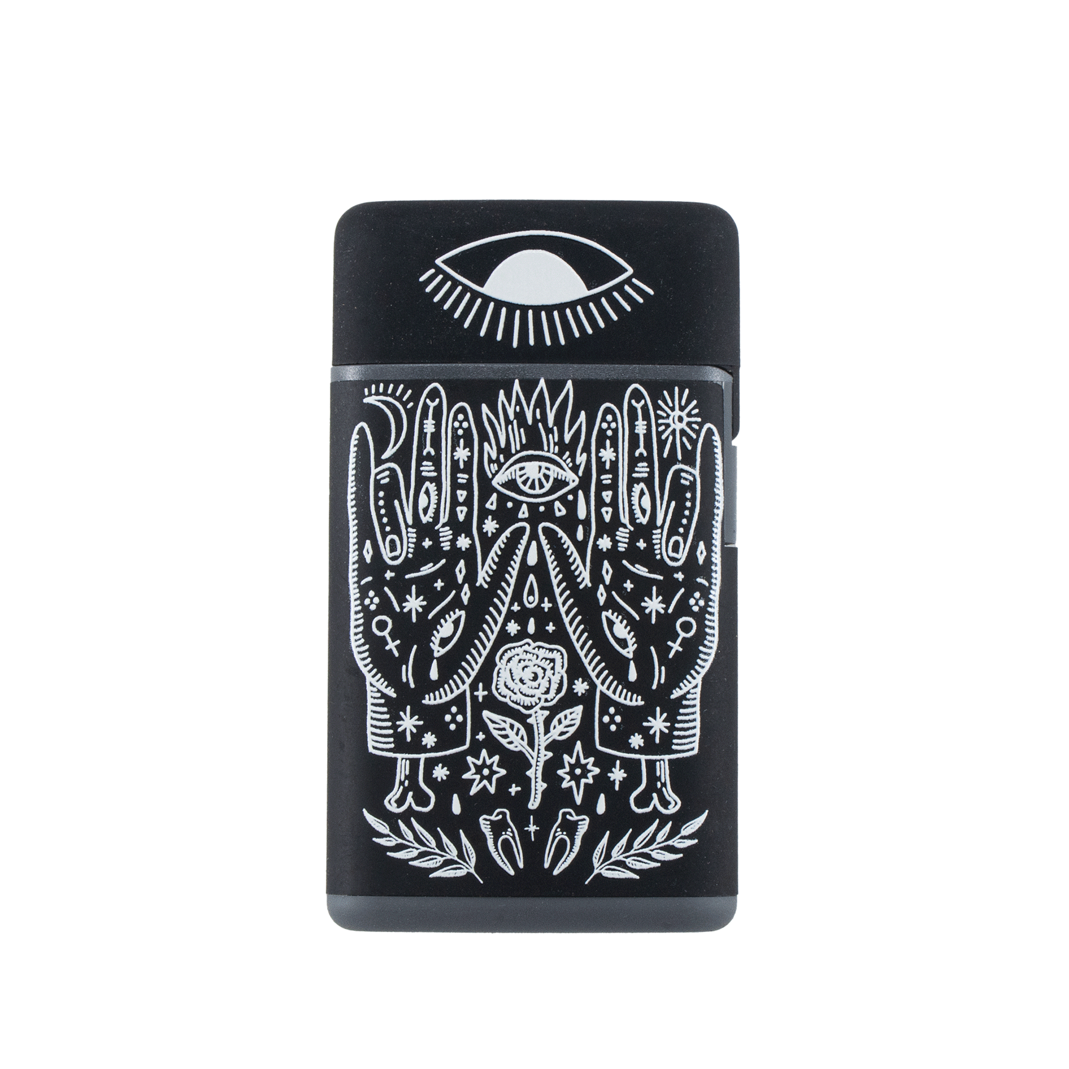 Black flip lighter with white mudra and third eye design — gothic weed lighter