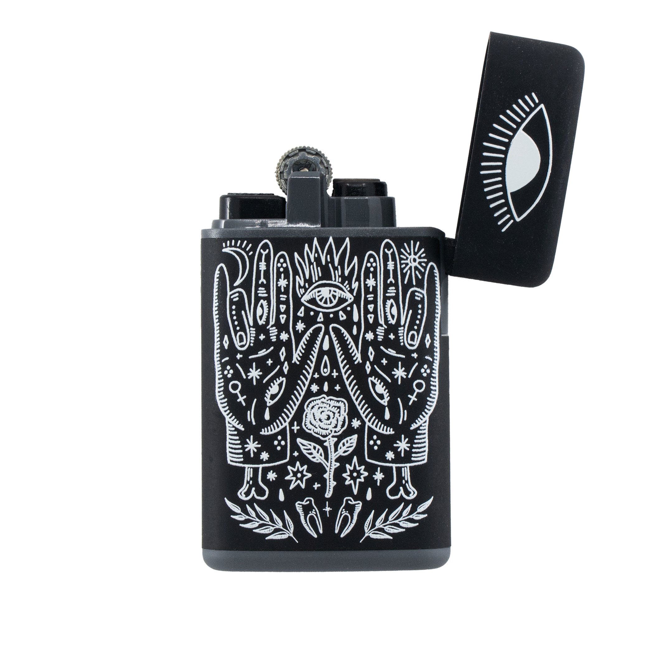 Open lighter with torch flame and occult symbols on matte black finish