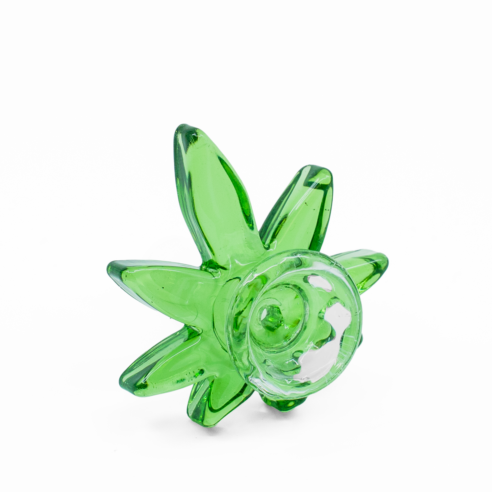 Green weed leaf-shaped glass bowl with starburst design and clear funnel
