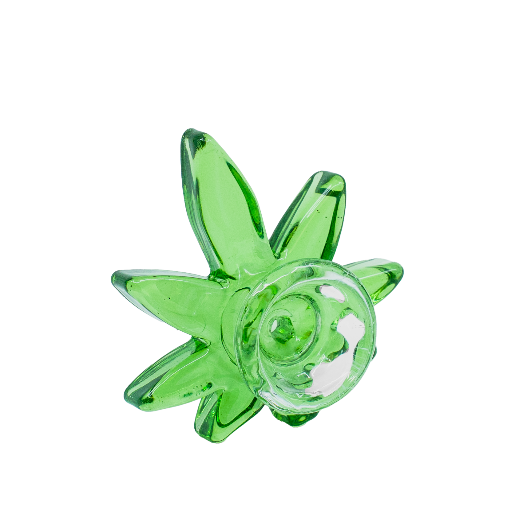 Green weed leaf-shaped glass bowl with starburst design and clear funnel