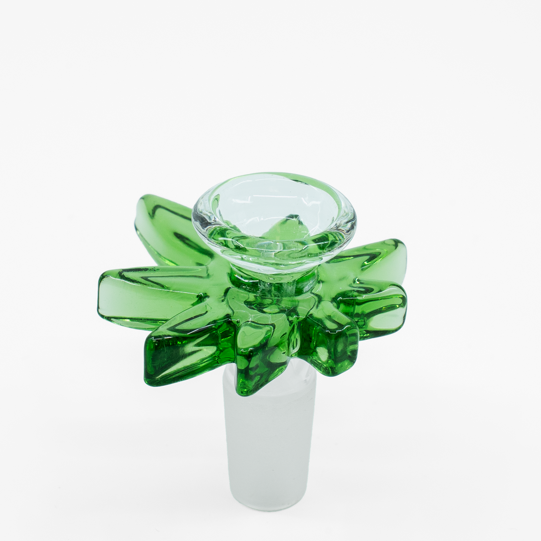 Green weed leaf-shaped glass bowl with starburst design and clear funnel
