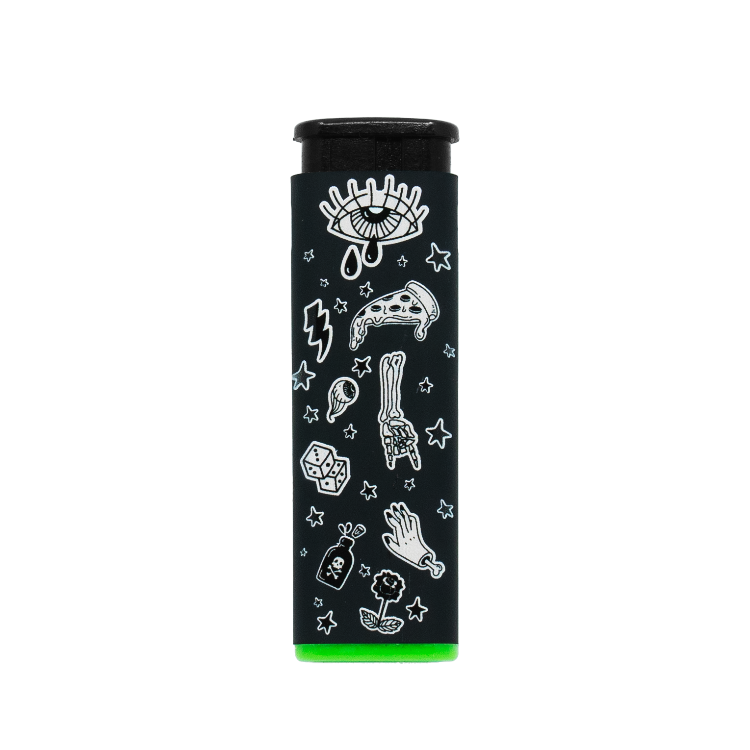 Black torch lighter with colorful and playful sweet vice designs, including ice cream and candy graphics with green accent base