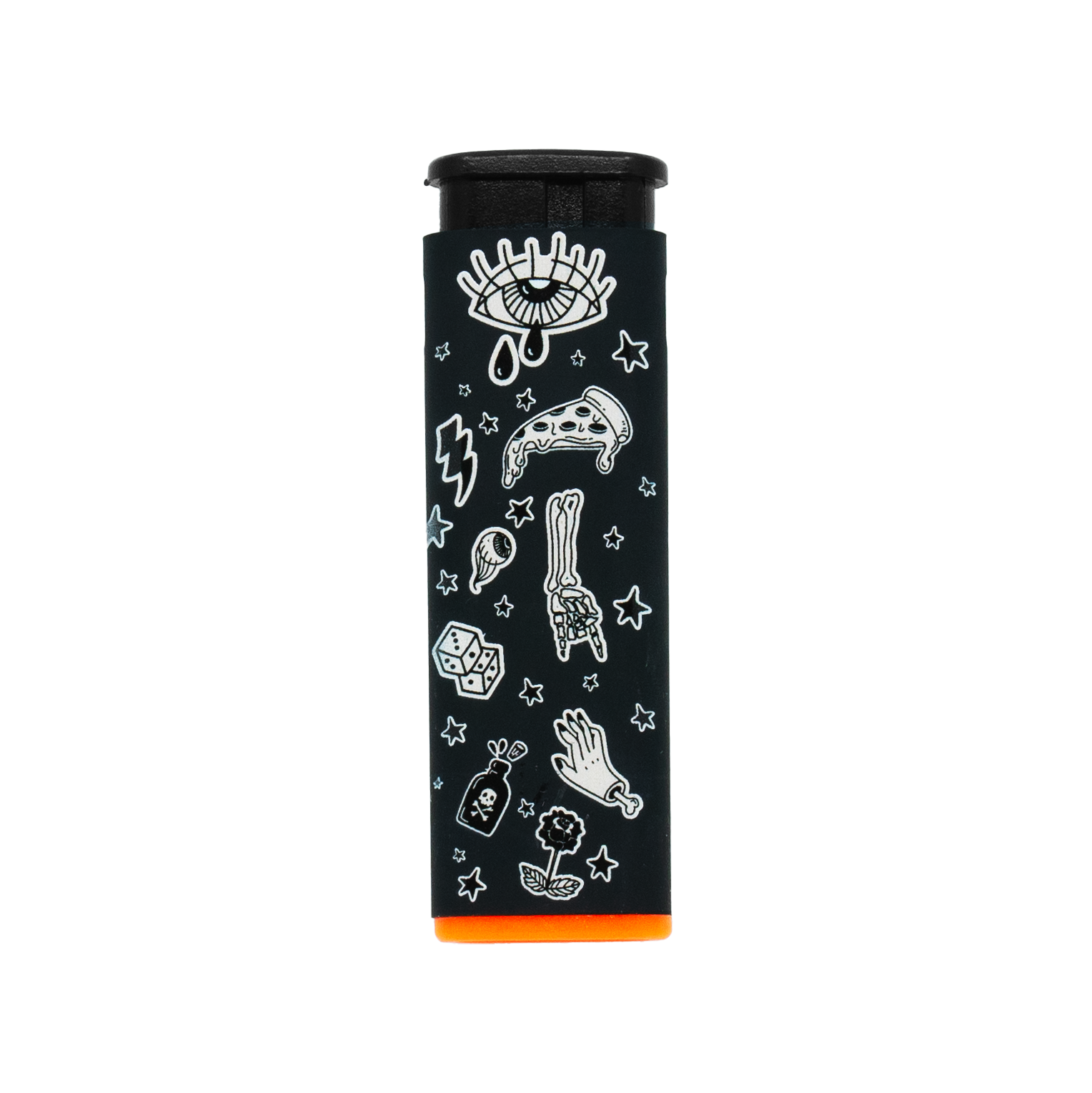 Black torch lighter with colorful and playful sweet vice designs, including ice cream and candy graphics with orange accent base