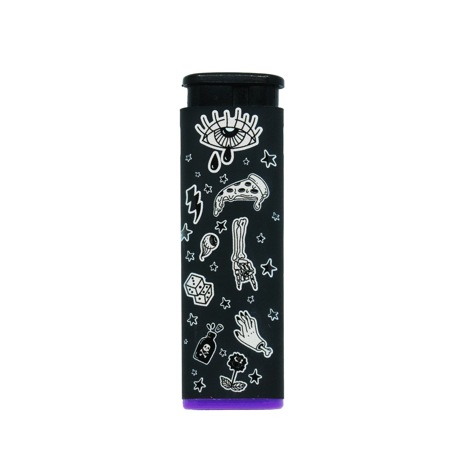 Black torch lighter with colorful and playful sweet vice designs, including ice cream and candy graphics with purple accent base