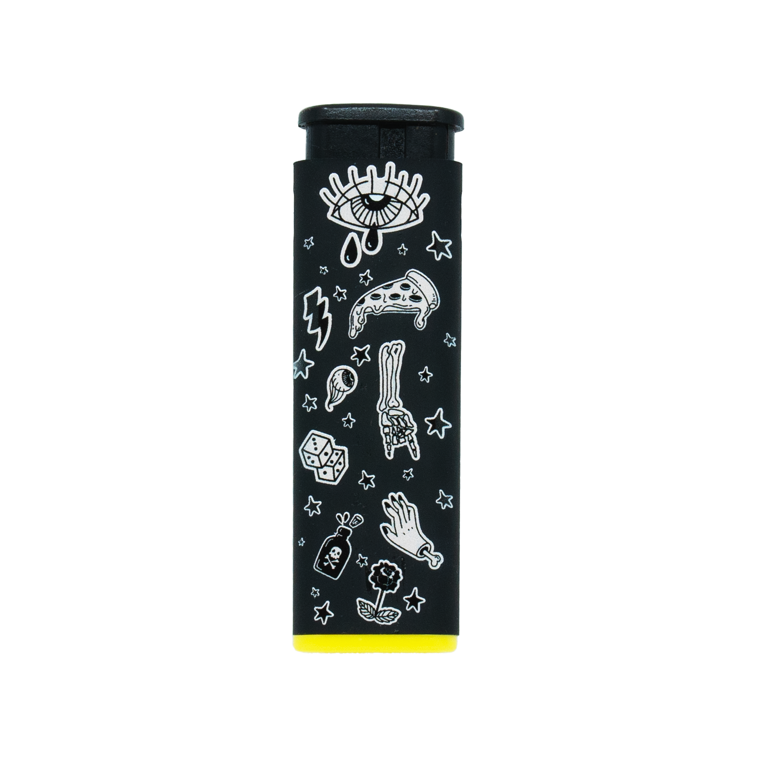 Black torch lighter with colorful and playful sweet vice designs, including ice cream and candy graphics with yellow accent base