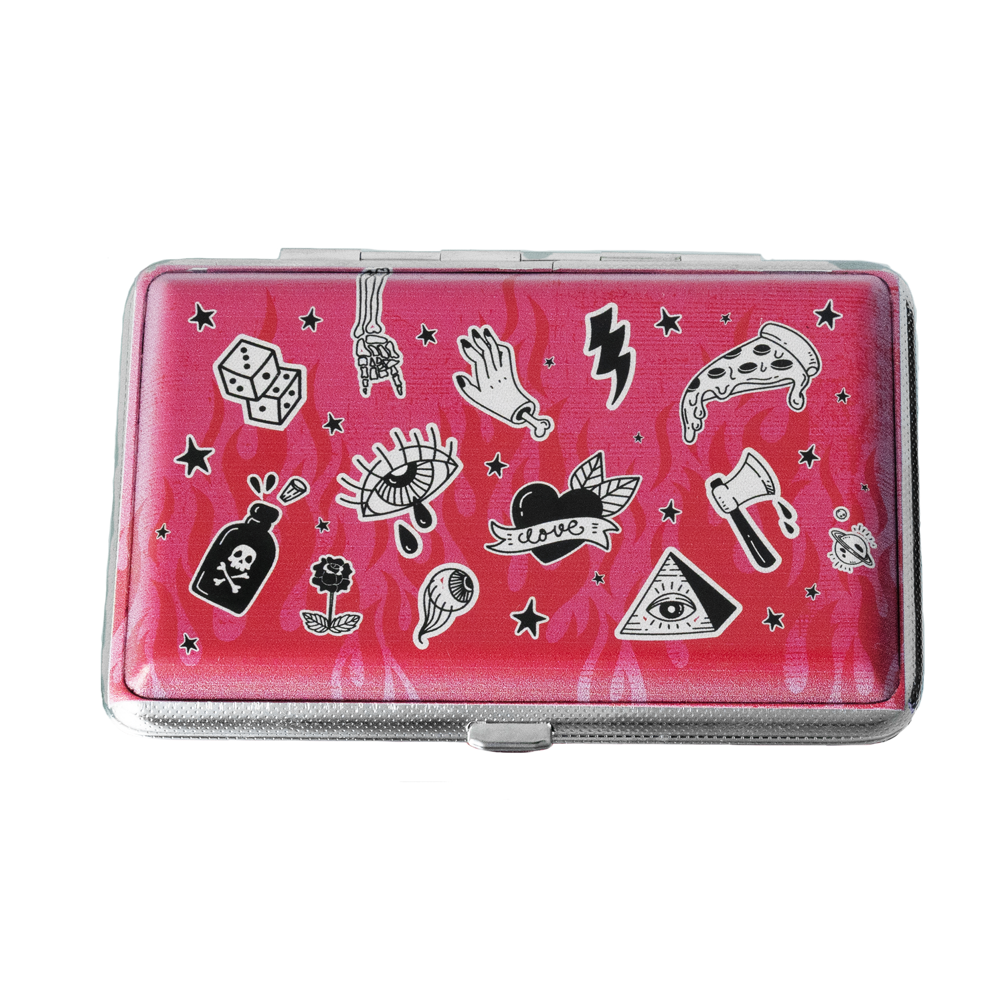 Dark pink flame-print joint case with tattoo sticker graphics and silver trim