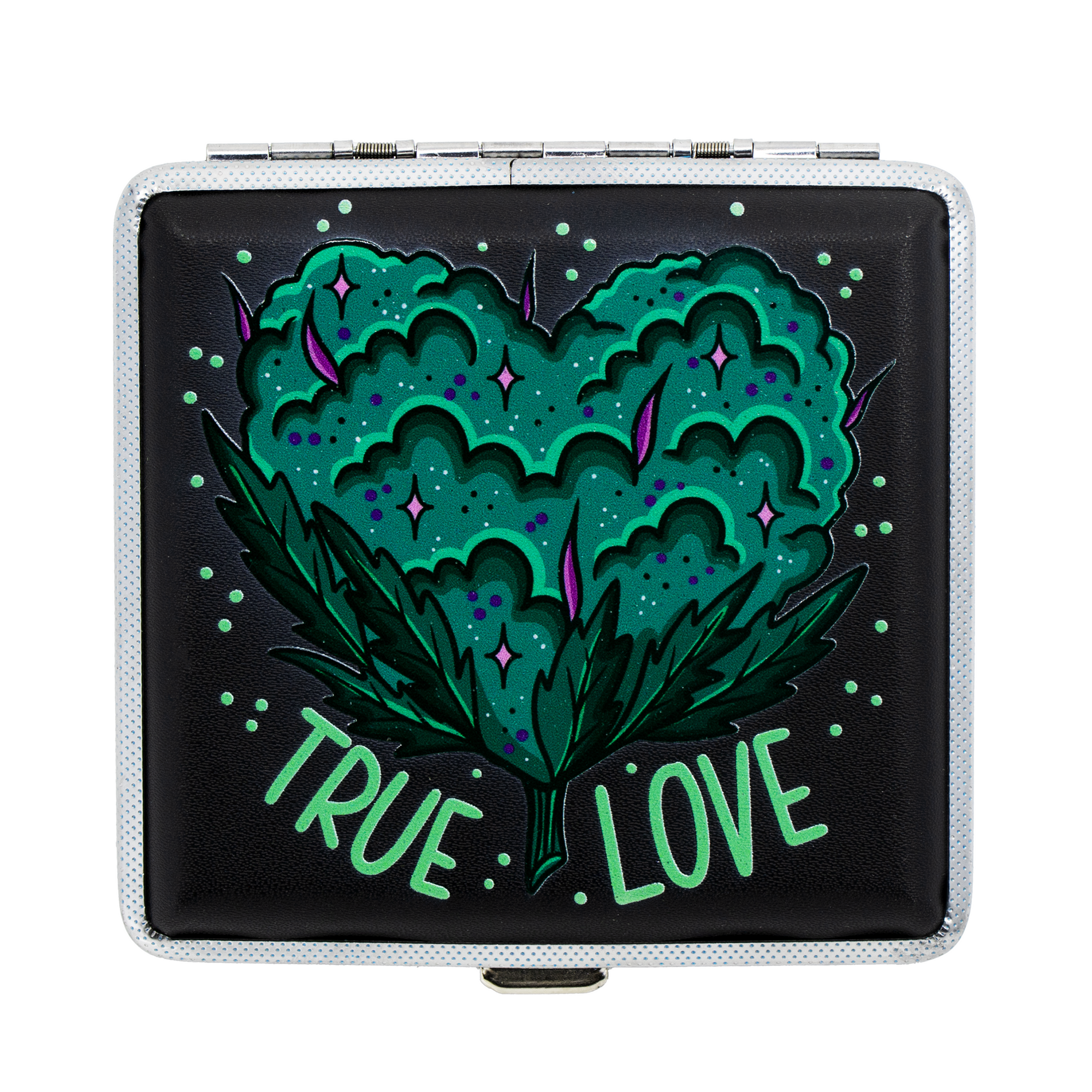 Black hard-shell smell-proof square stash case with "True Love" leaf design and silver hardware on a white background