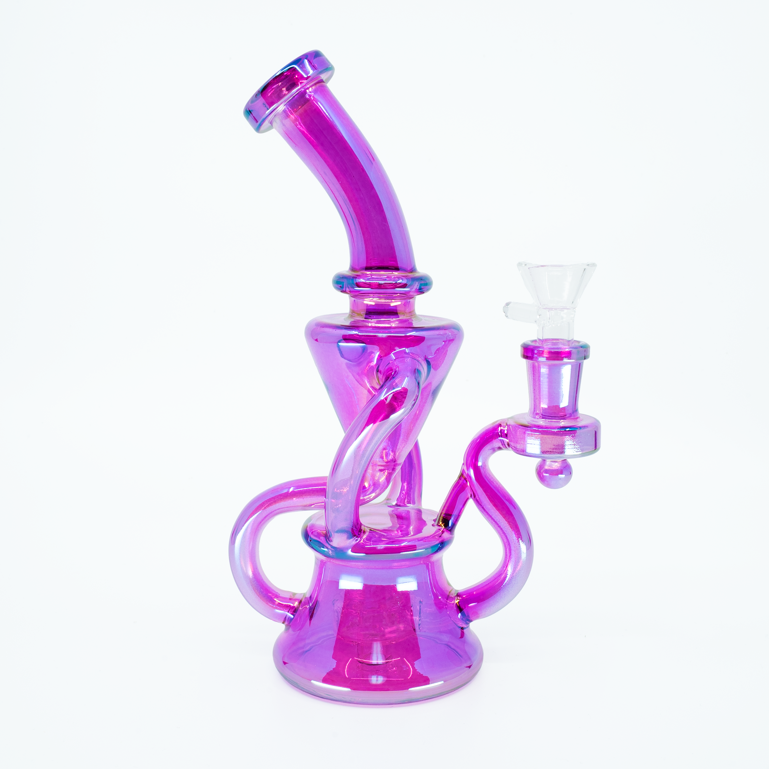 Pink and magenta twisted glass bong with cyclone arm and cone chamber on white background