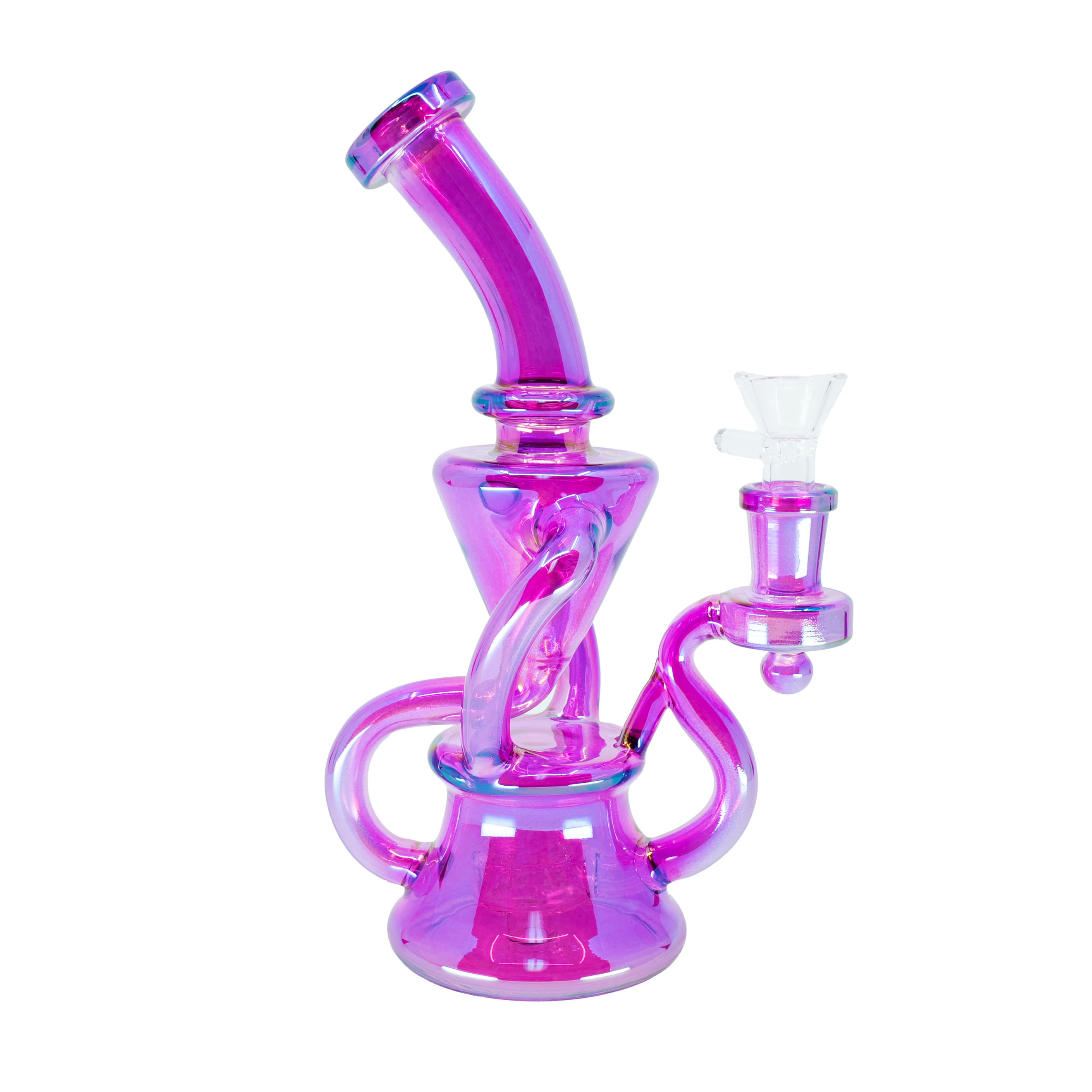 Pink and magenta twisted glass bong with cyclone arm and cone chamber on white background