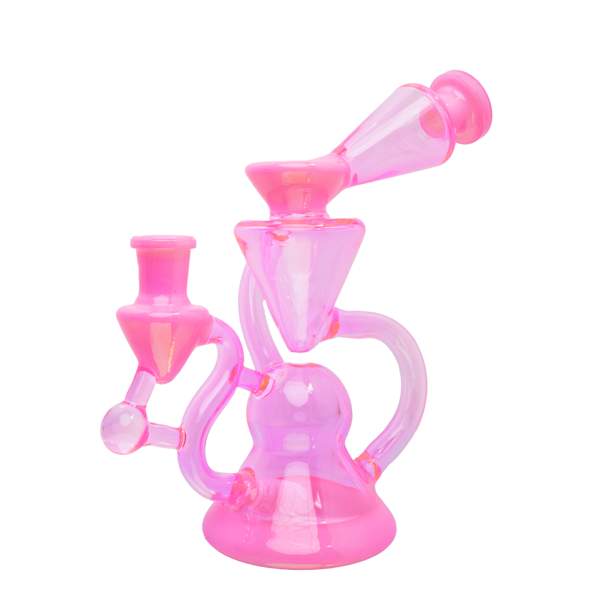 Pink cyclone-shaped glass bong with multiple chambers and curved percolator arms