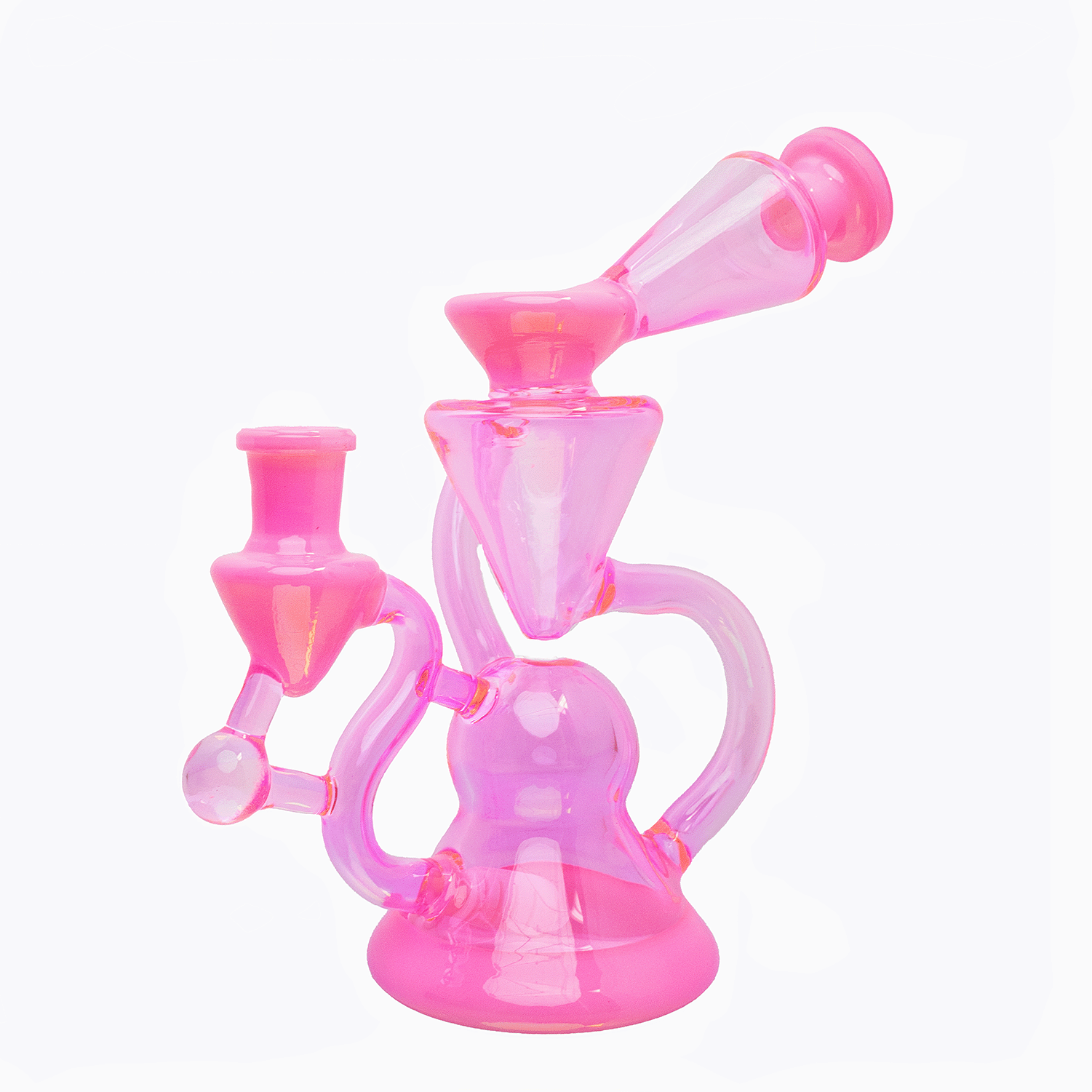 Pink cyclone-shaped glass bong with multiple chambers and curved percolator arms
