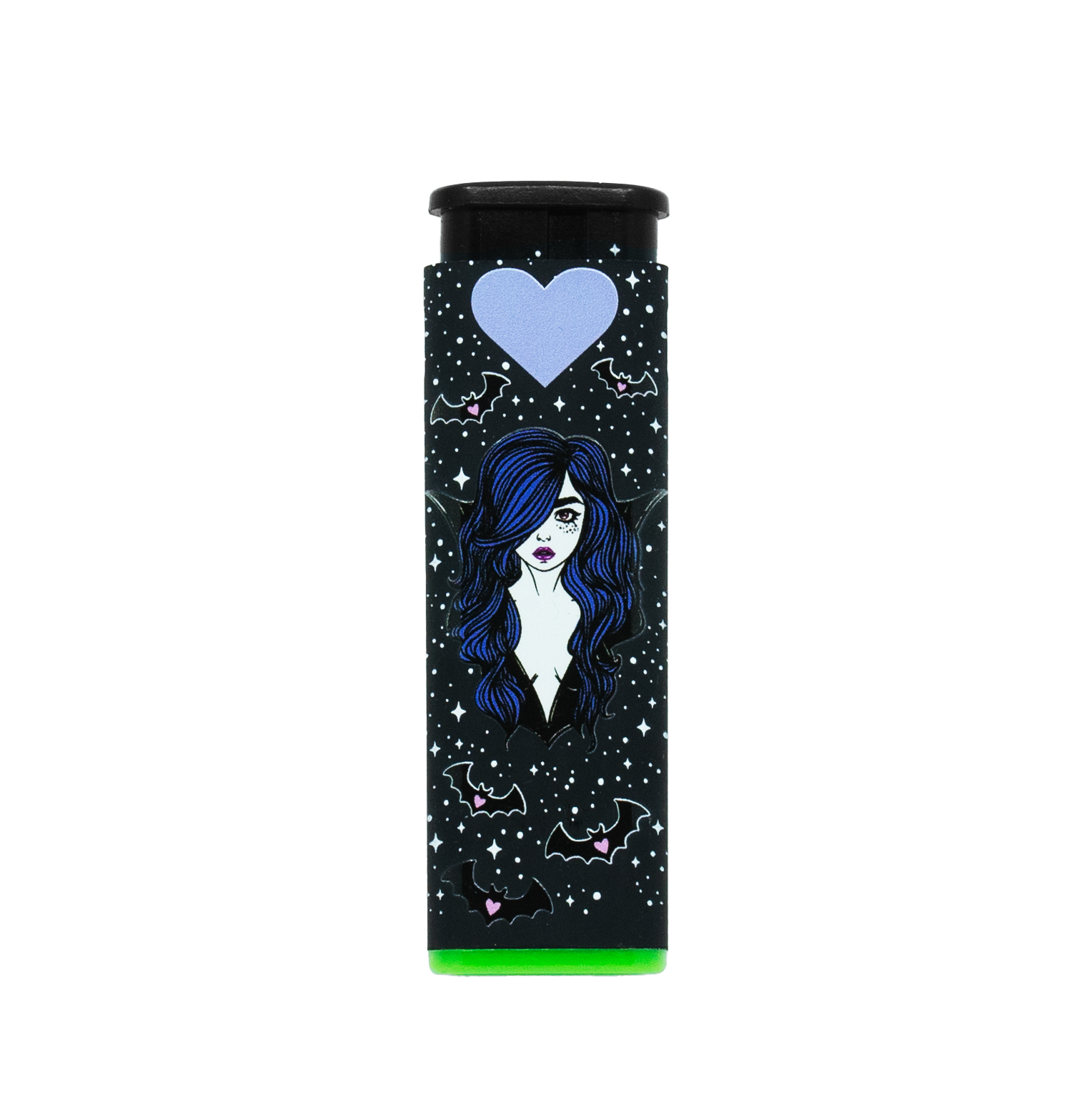 Black refillable torch lighter with blue-haired vampire babe illustration, surrounded by bats, moons, and stars with green accent base