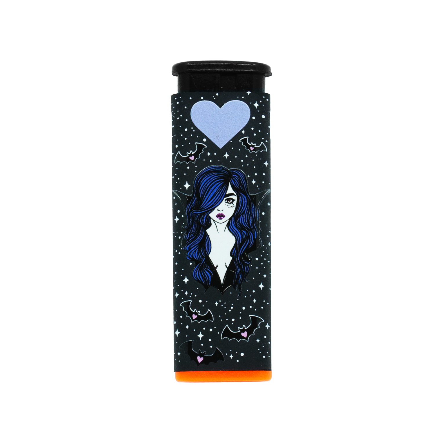 Black refillable torch lighter with blue-haired vampire babe illustration, surrounded by bats, moons, and stars with orange accent base