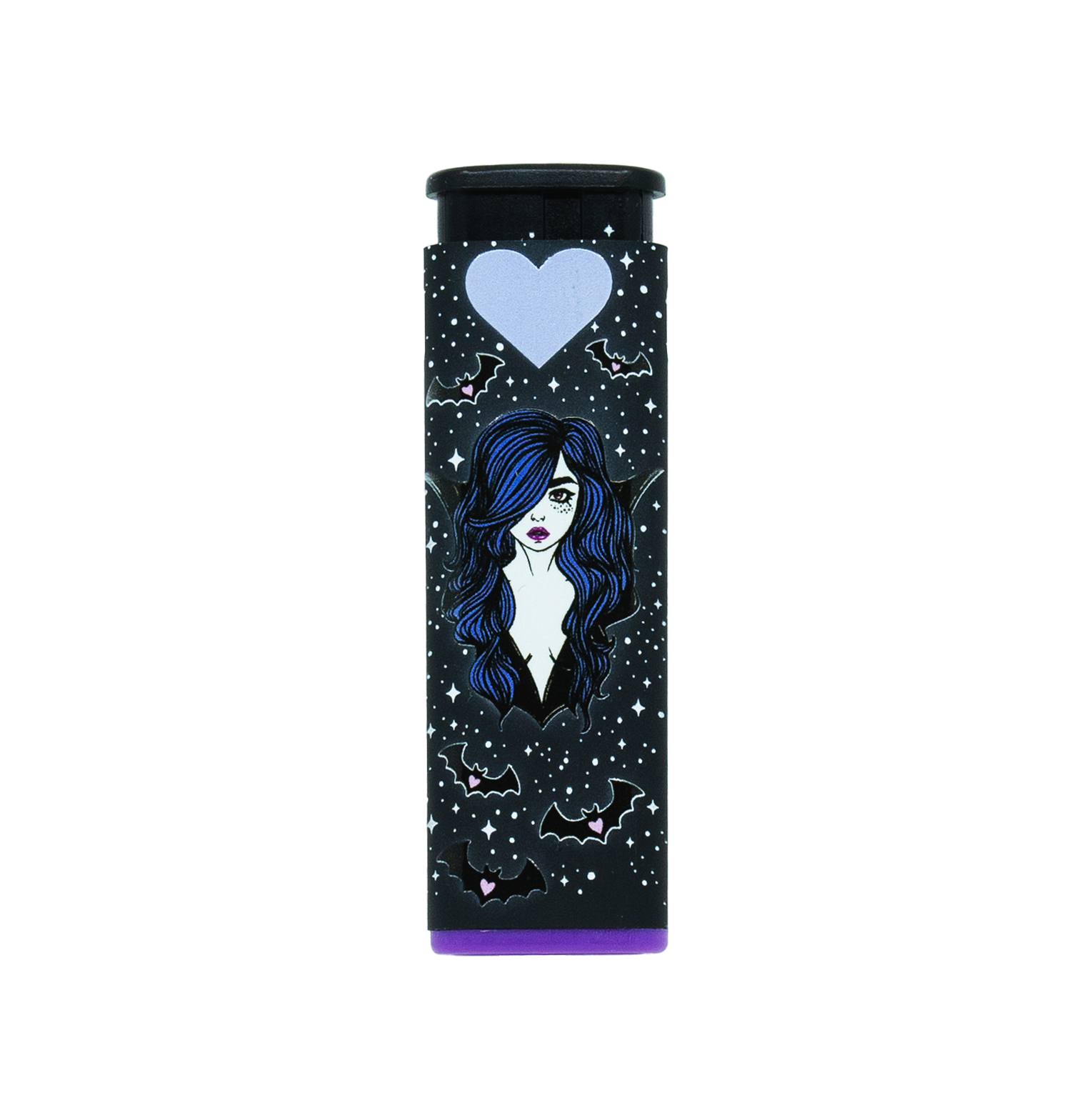 Black refillable torch lighter with blue-haired vampire babe illustration, surrounded by bats, moons, and stars with purple accent base