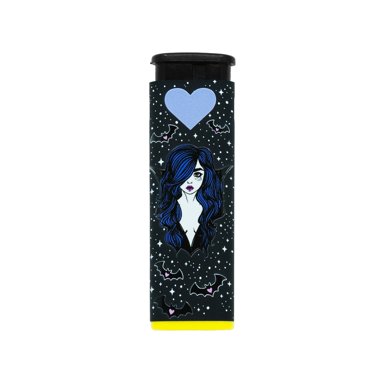 Black refillable torch lighter with blue-haired vampire babe illustration, surrounded by bats, moons, and stars with yellow accent base