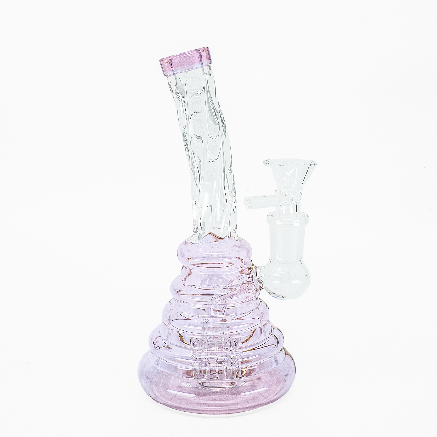 Pink spiral glass bong with angled neck and textured vortex base; feminine and twisted cannabis glassware.