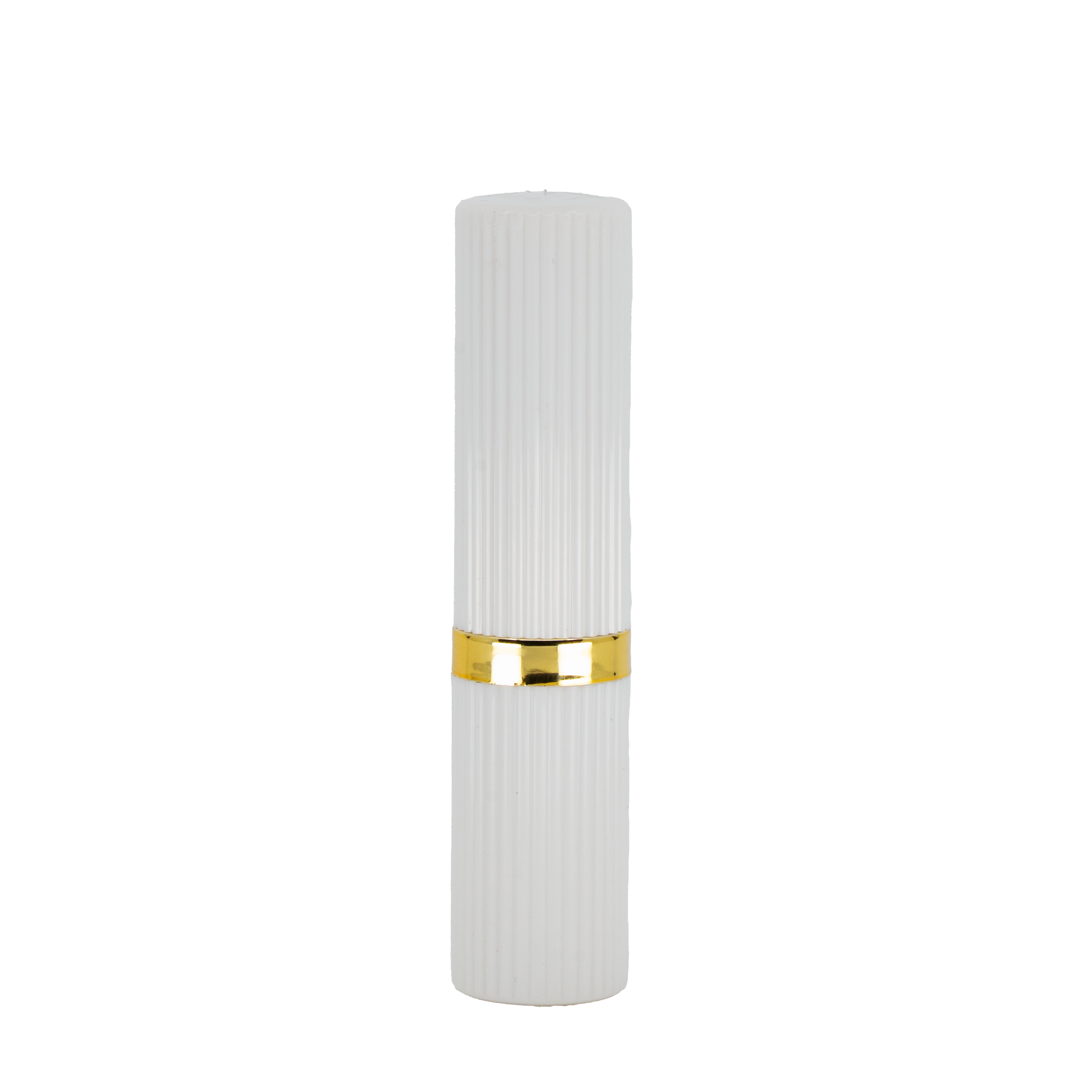White lipstick-shaped refillable lighter with gold trim closed and on a white background