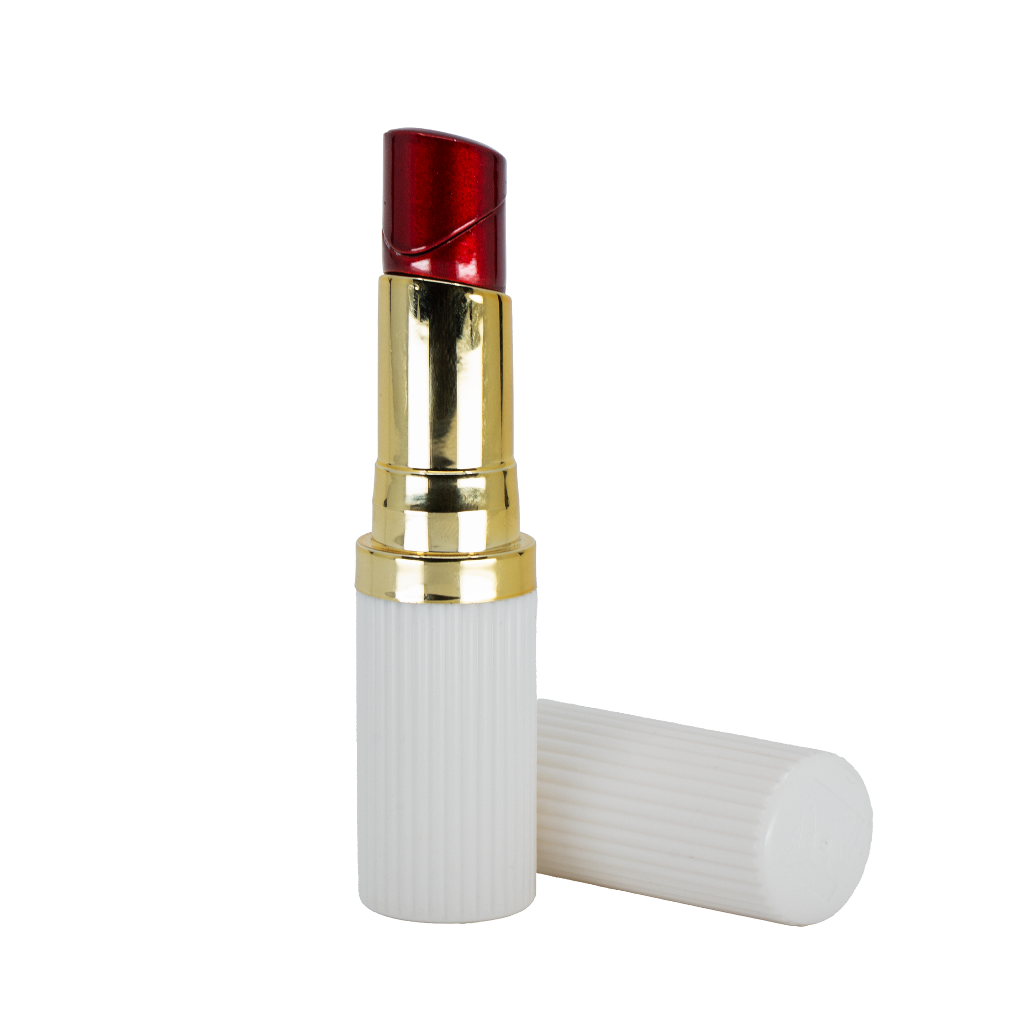 White lipstick-shaped refillable lighter with gold trim and red flame top opened and on a white background