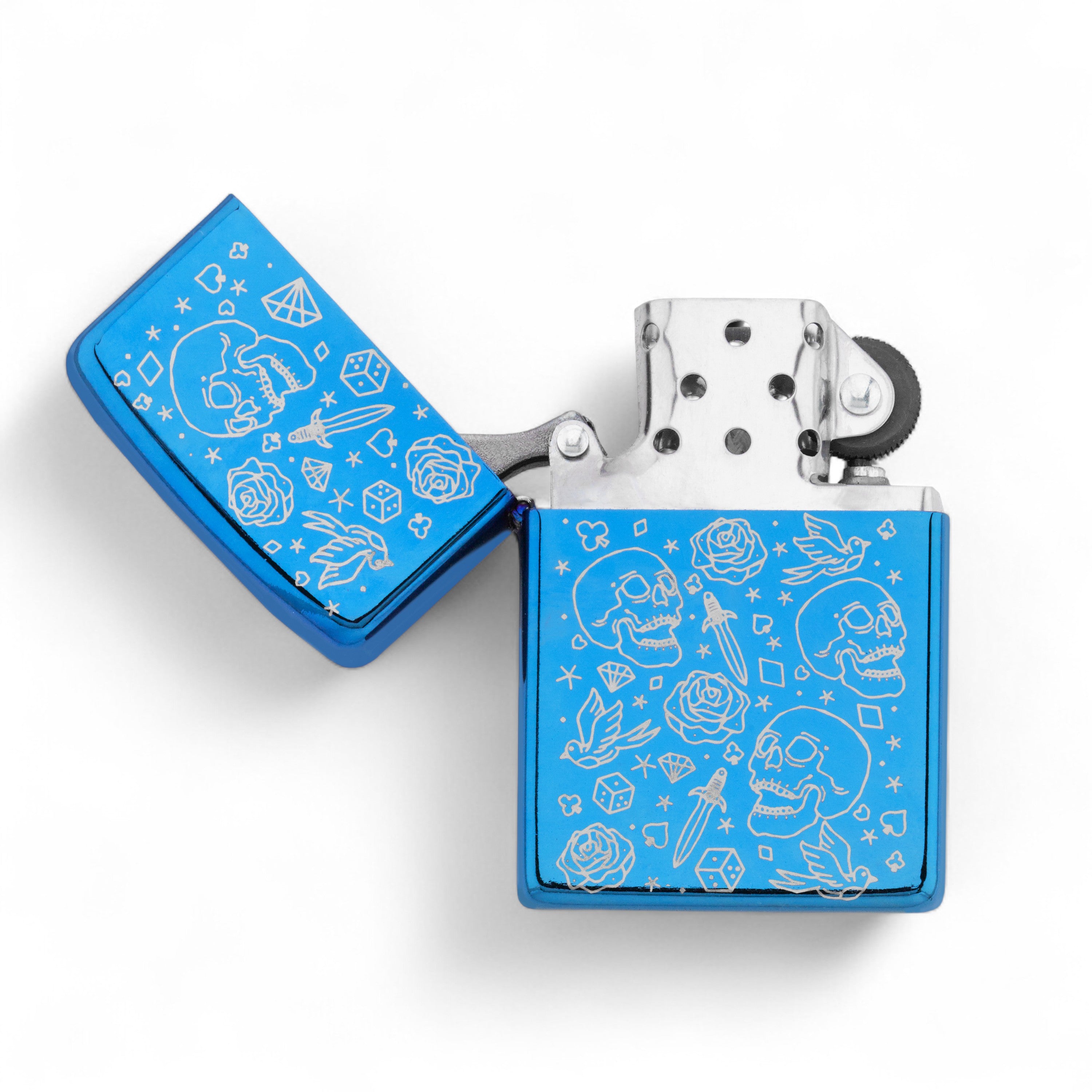 Ace of Spades Flip Lighter | Iridescent Blue Engraved Lighter