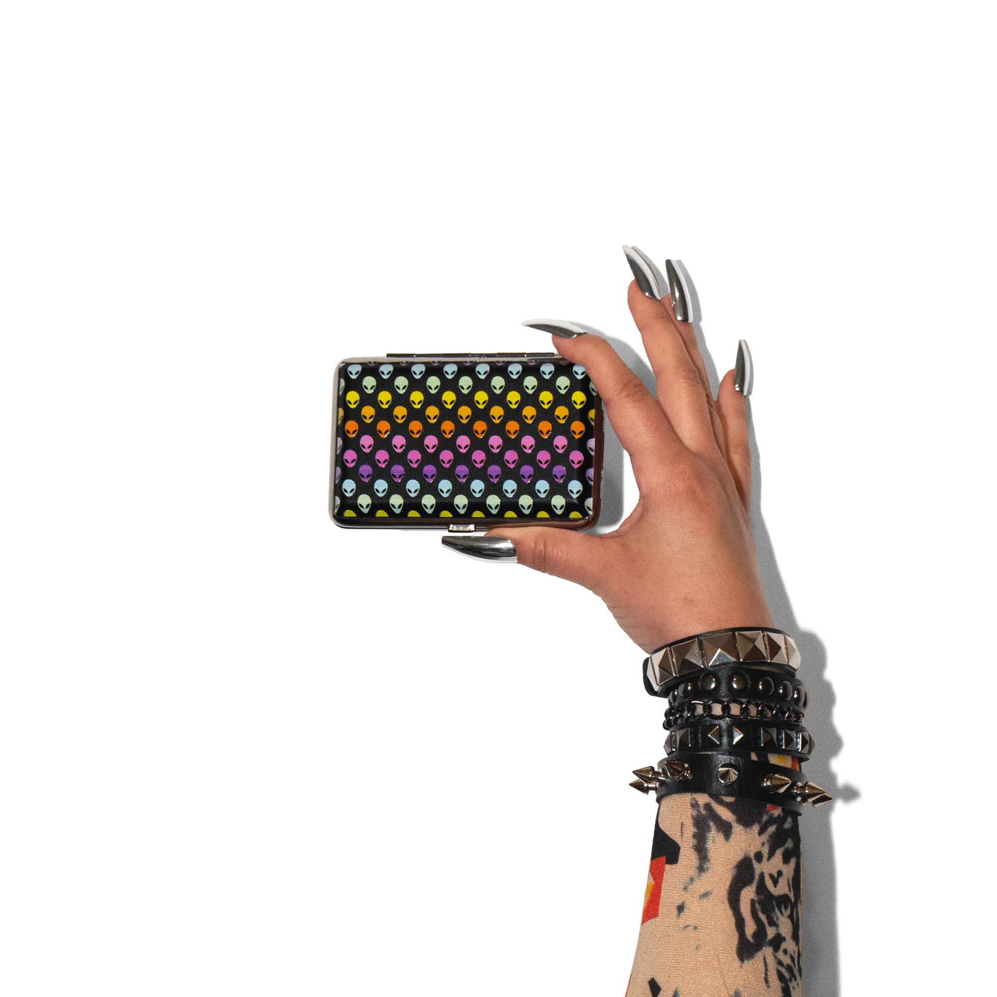 Vibrant ALIENS! Joint or Vape Stash Case held in stylish hand, perfect for cosmic enthusiasts.