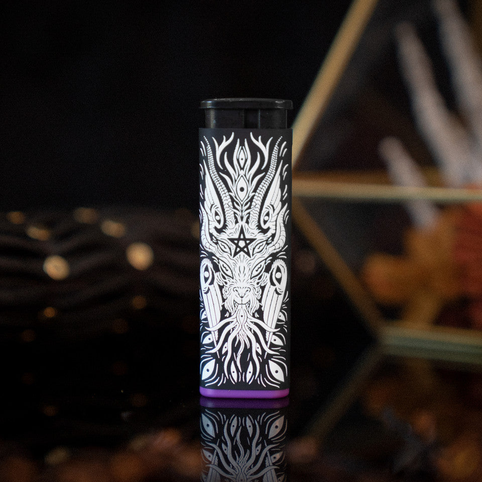 A black Baphomet Torch Lighter designed by XinaXiii with white line art of a headless figure with horns and purple accent