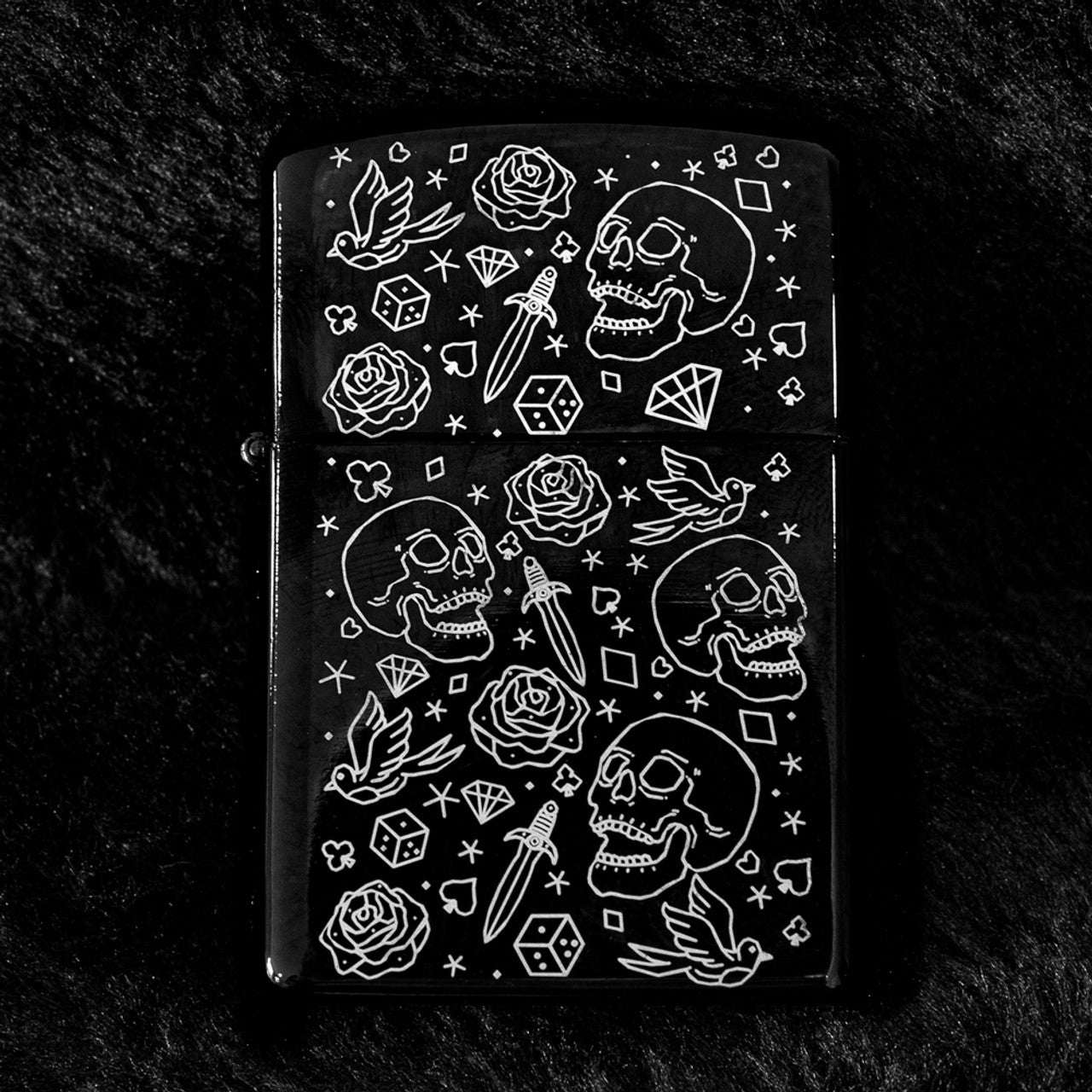 Ace of Spades Flip Lighter | Black Engraved Skull, Rose & Dice Design