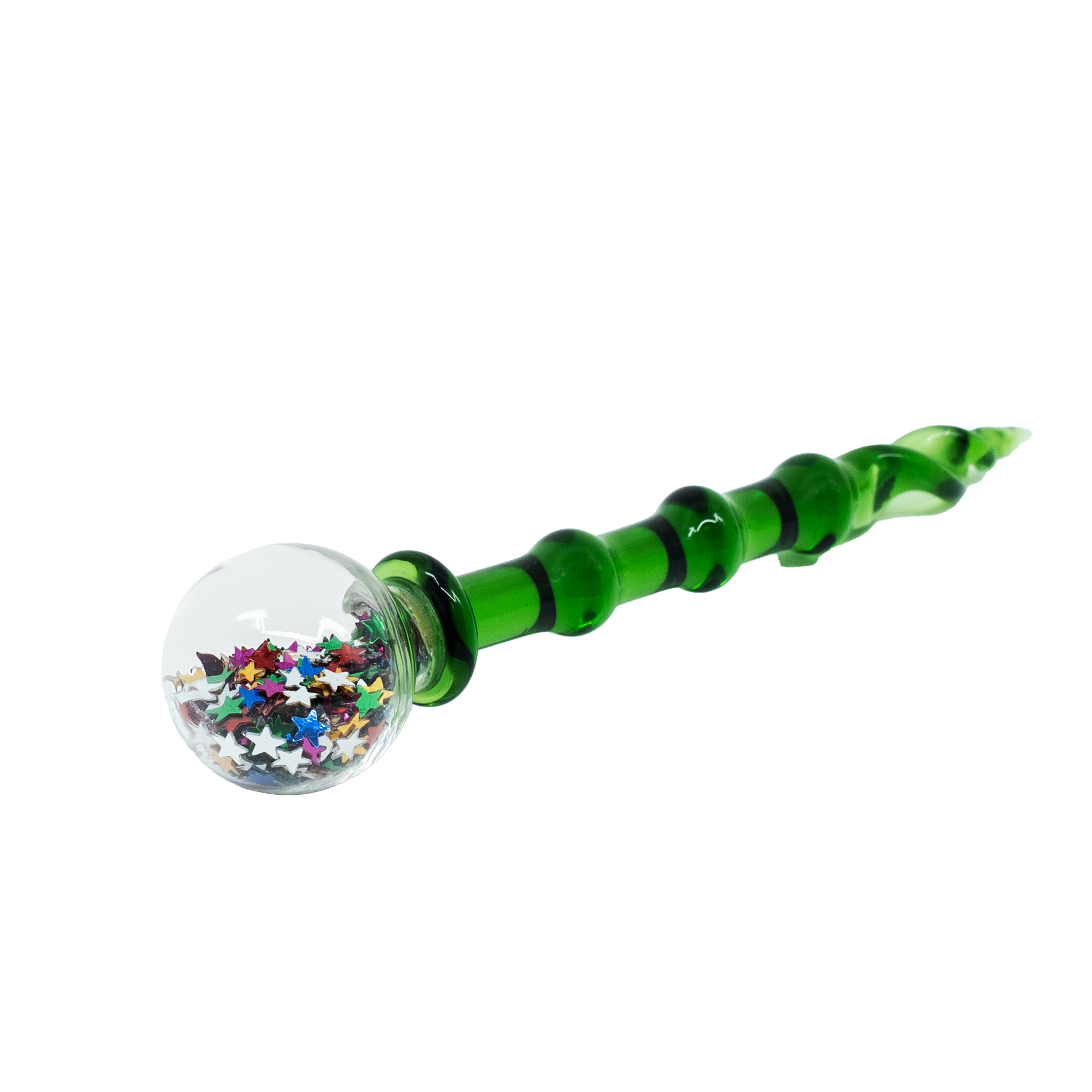 Green twisted glass dab tool with clear orb handle filled with metallic star glitter