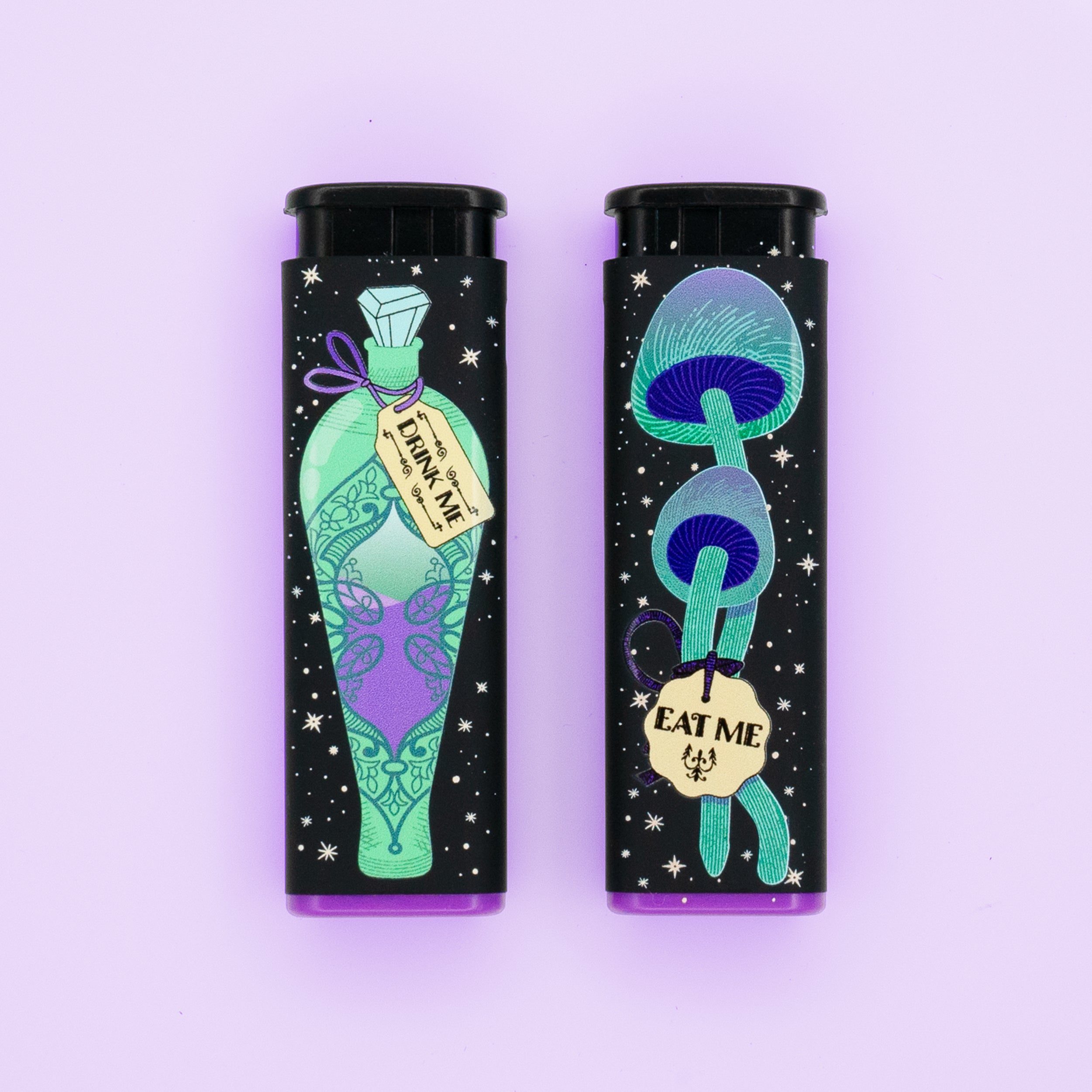 Feed Your Head Torch Lighter by Ella Dandelion, showcasing its windproof and refillable design. Featuring the front design, 'Drink Me' green and purple potion. And the back design, green and purple 'eat me' starry illustration. On a light purple background.
