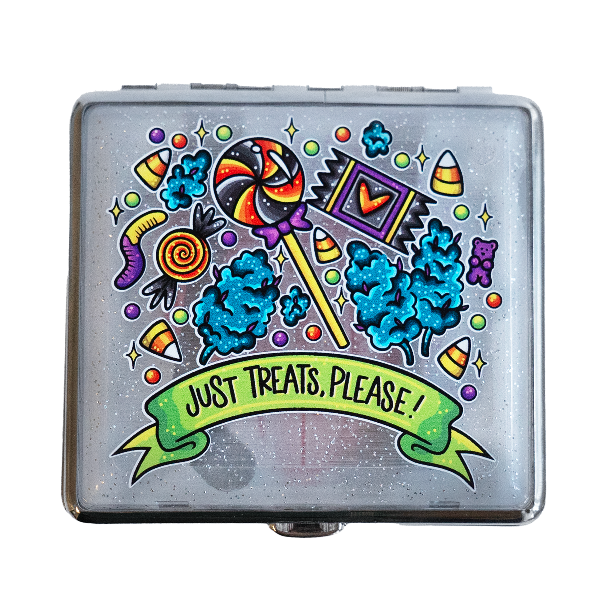 Halloween-themed stash case with “Just Treats, Please!” design, featuring candy, weed buds, and bright colors – joint or weed storage case