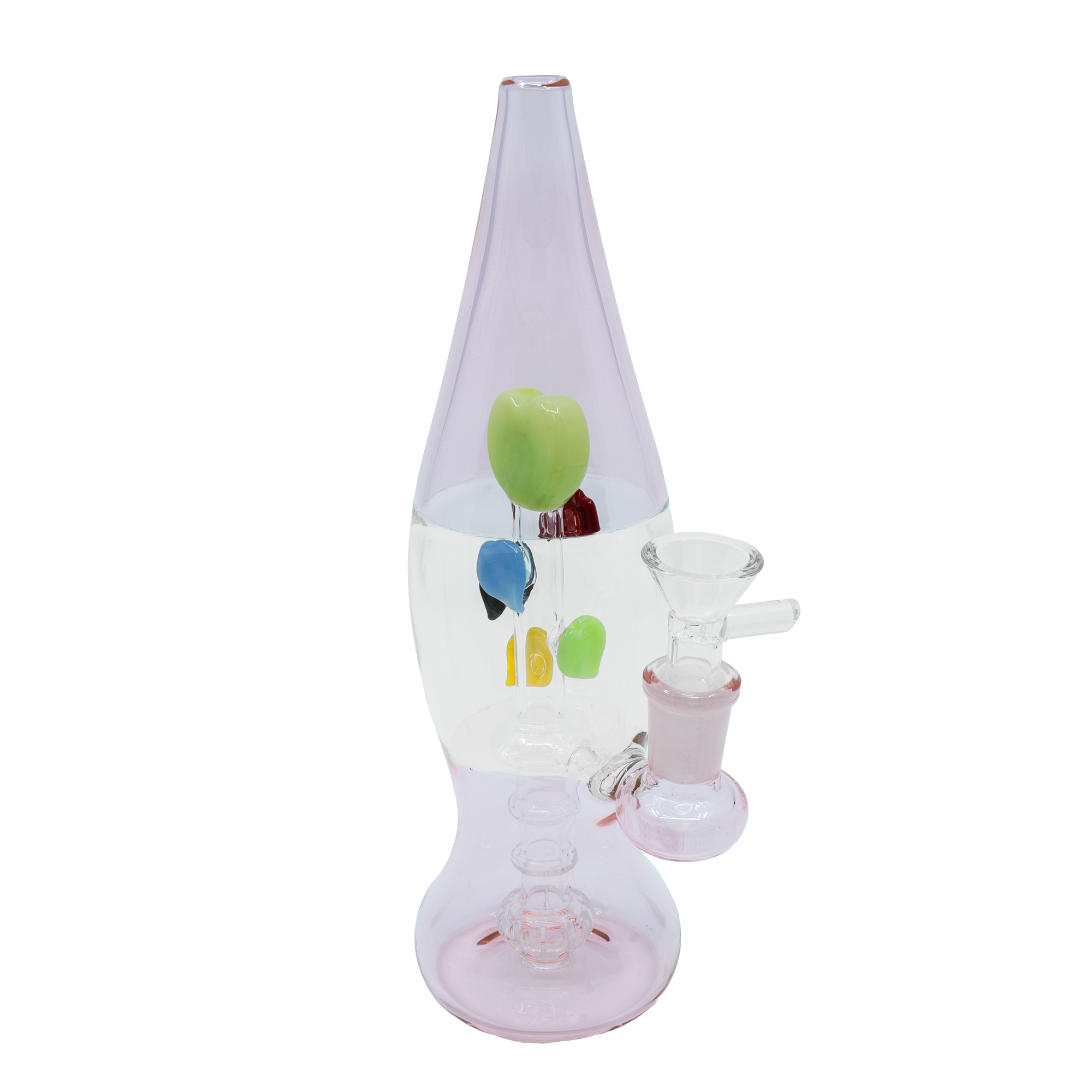 Lava lamp–shaped glass bong with colorful floating balloon decorations inside.