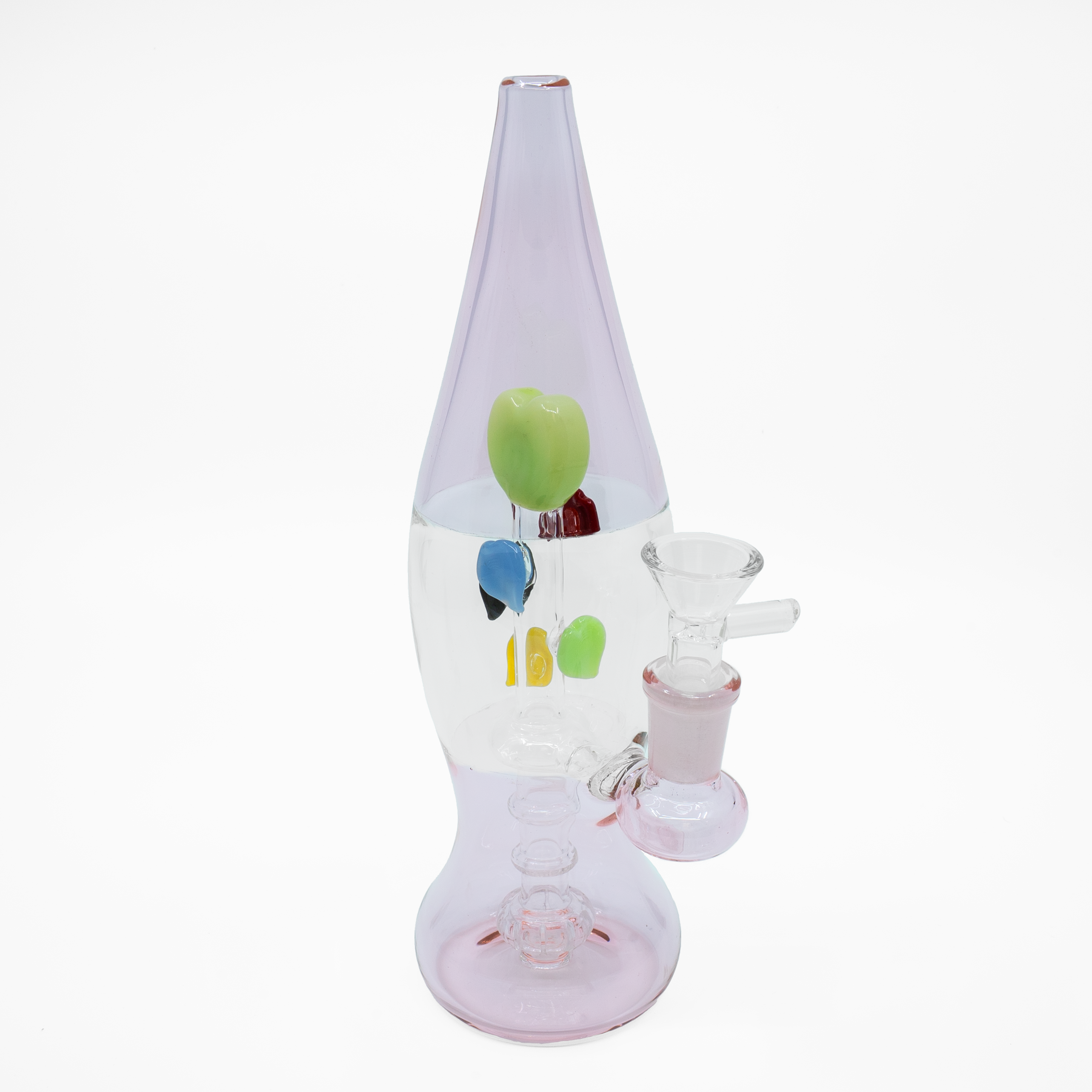 Lava lamp–shaped glass bong with colorful floating balloon decorations inside.
