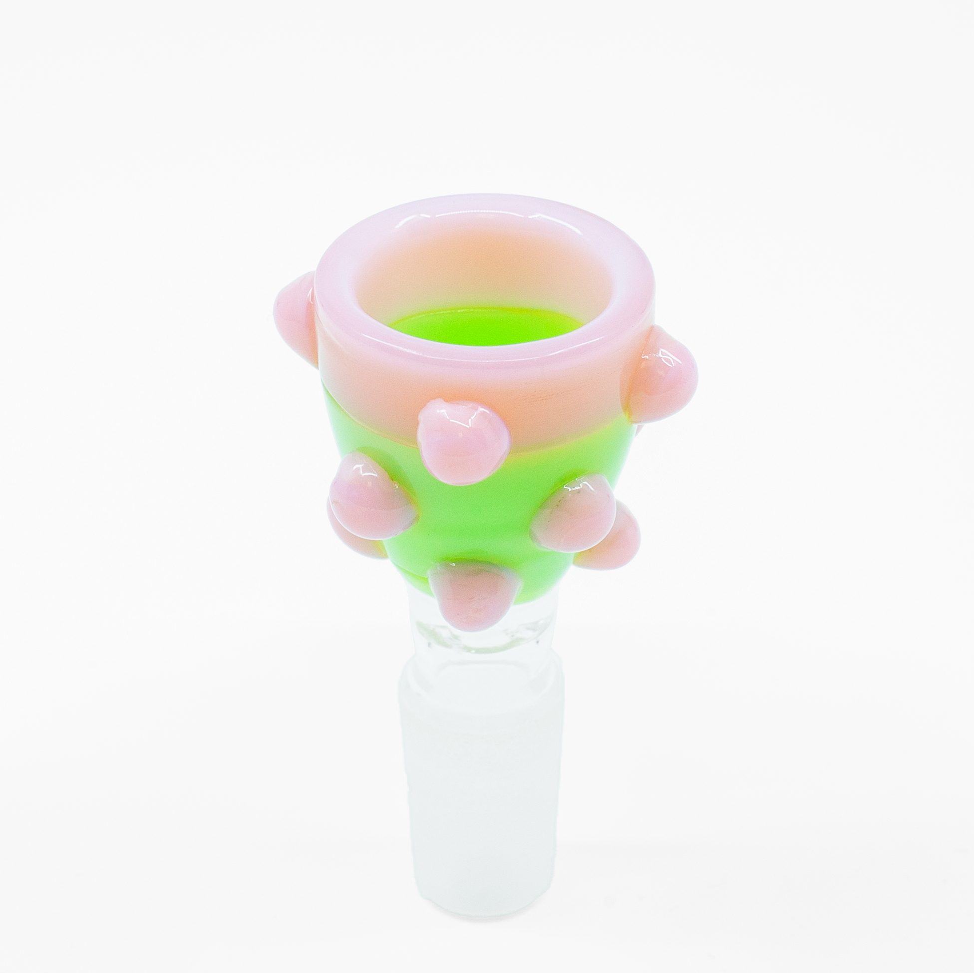 14mm glass bong bowl in green with pink polka dots and rounded handle