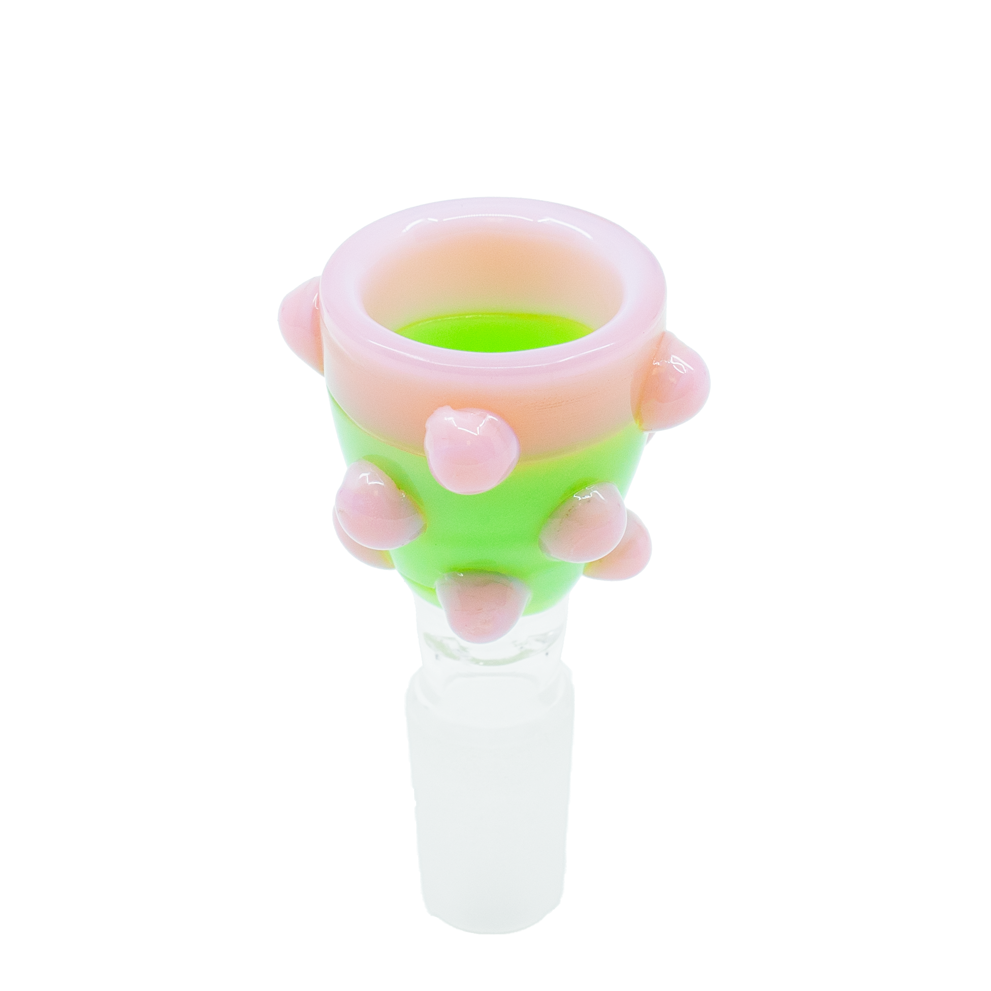 14mm glass bong bowl in green with pink polka dots and rounded handle