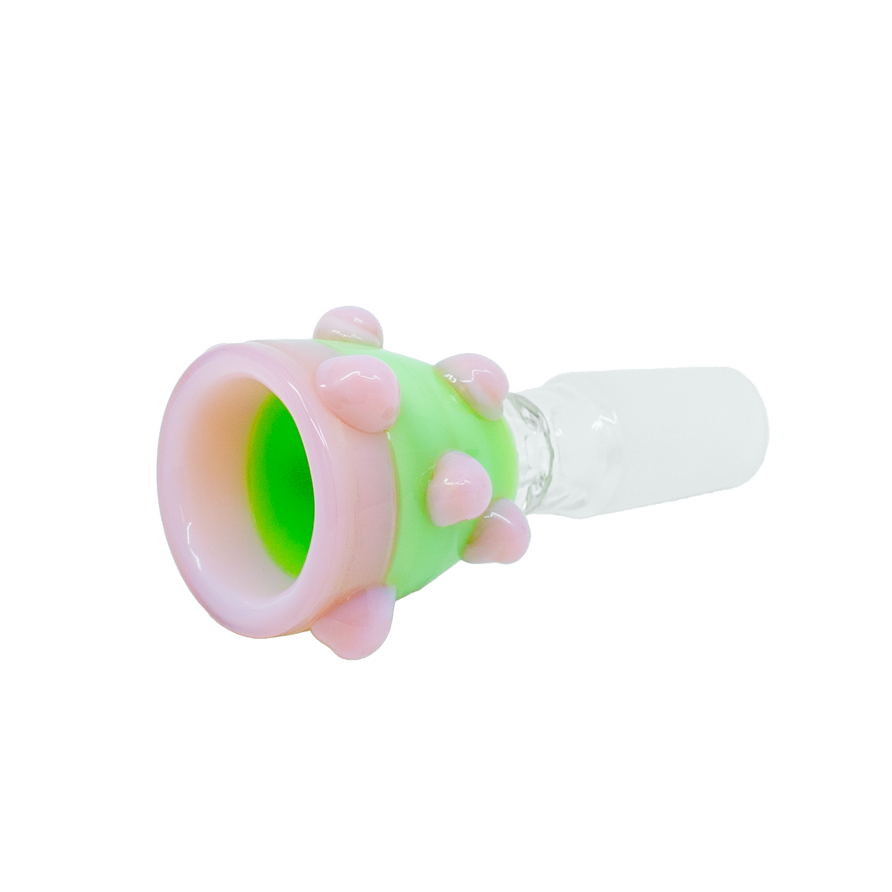 14mm glass bong bowl in green with pink polka dots and rounded handle