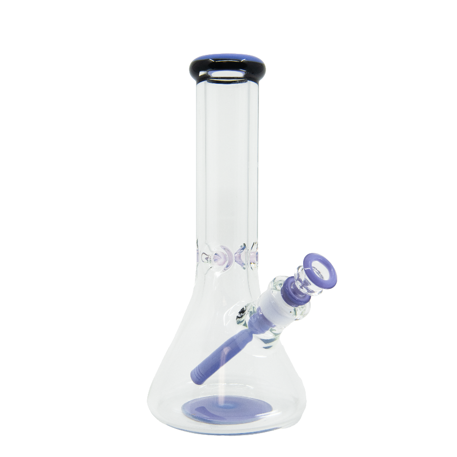 Clear beaker bong with purple accents and lavender glass downstem on white background