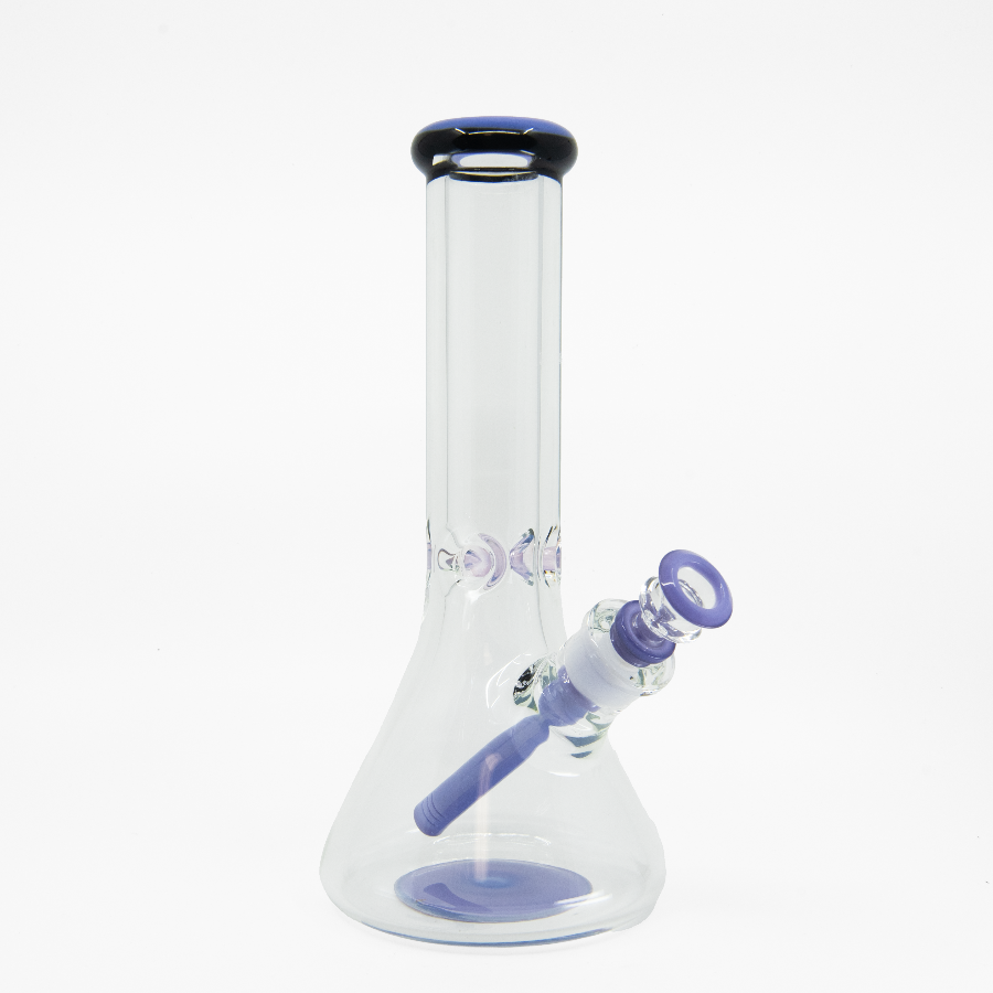 Clear beaker bong with purple accents and lavender glass downstem on white background