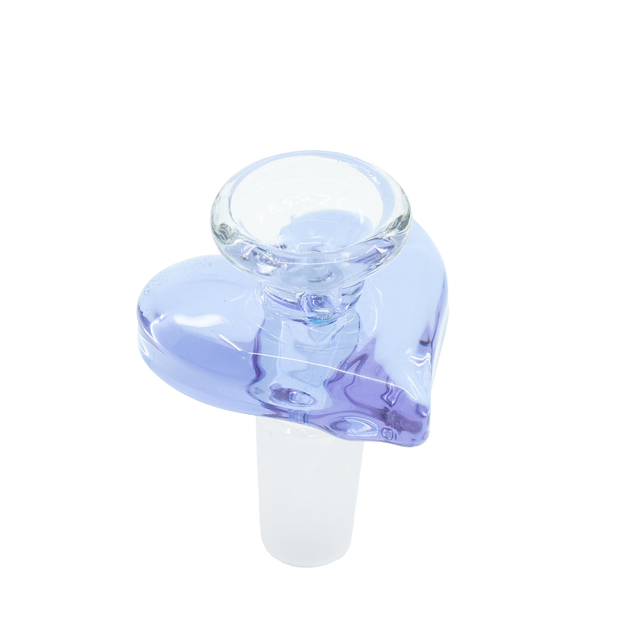 Purple heart-shaped glass bowl with frosted 14mm joint, standing on white background

