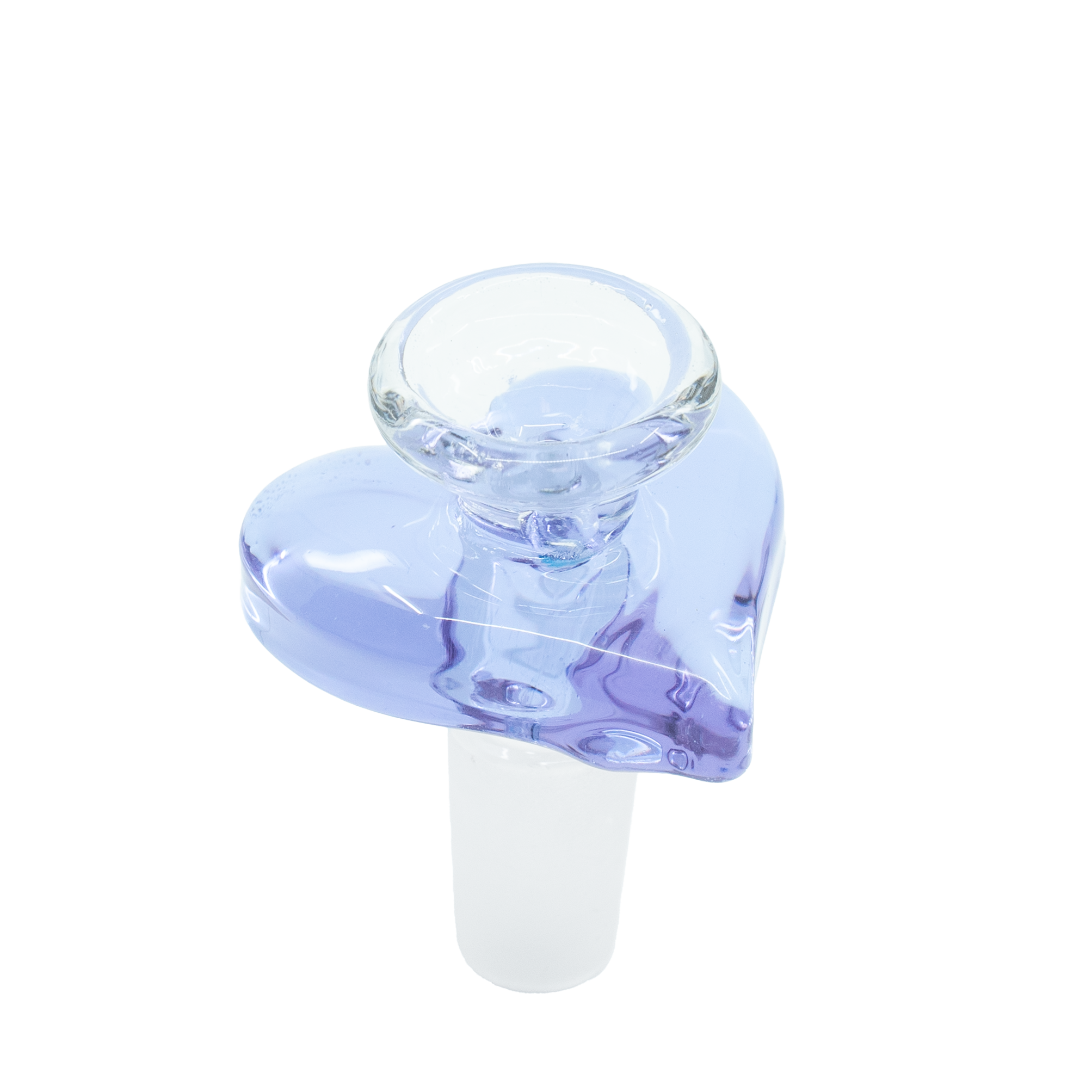 Purple heart-shaped glass bowl with frosted 14mm joint, standing on white background

